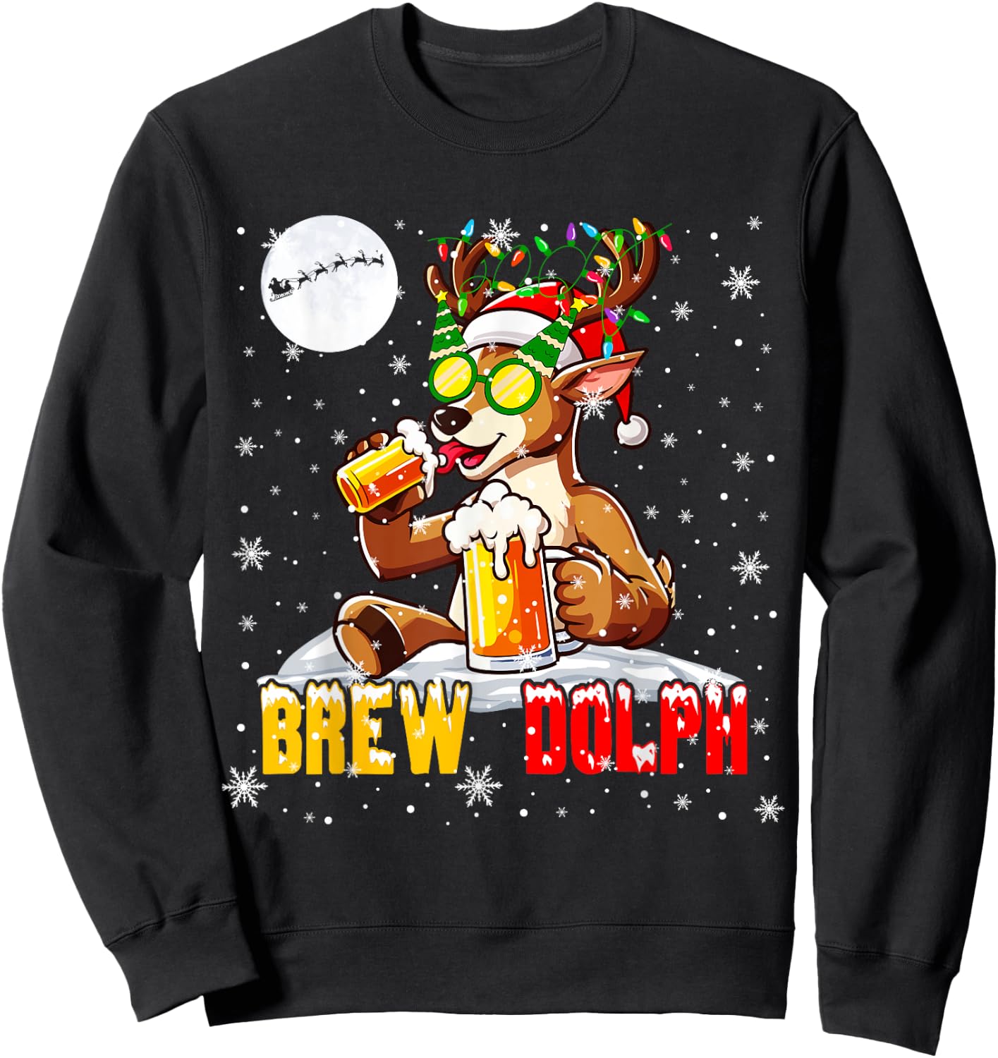 Brew Dolph Funny Reindeer Sunglasses Xmas Tree Drinking Beer Sweatshirt - Sweatshirt | Black