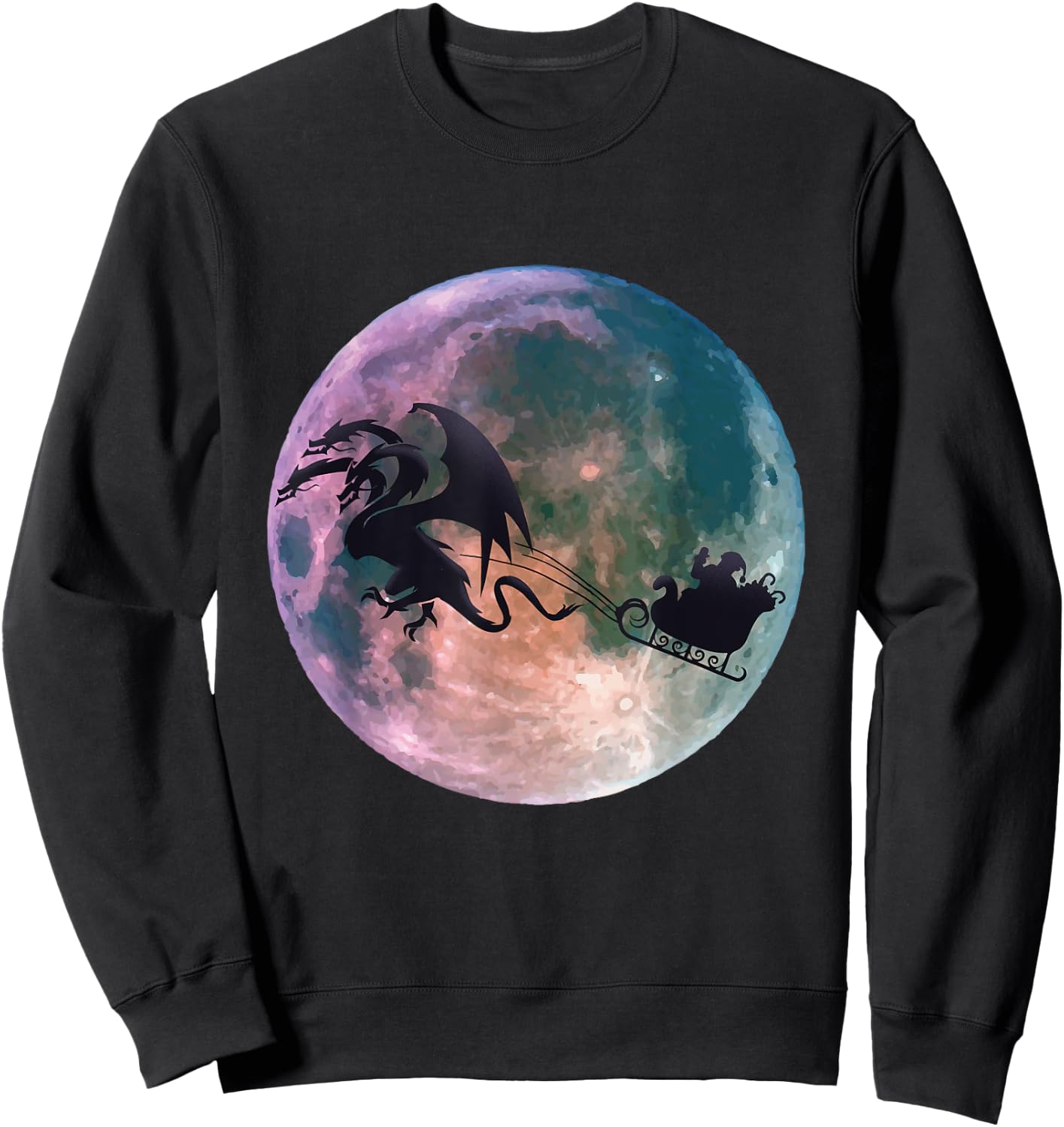 Christmas Santa Claus Flying Past the Moon With Dragon Gift Sweatshirt - Sweatshirt | Black