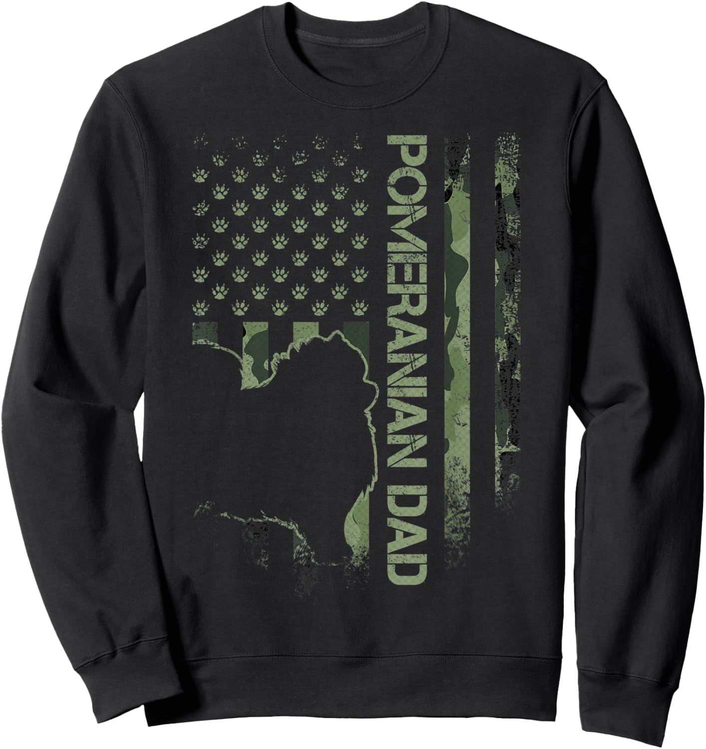 American Camo Flag Proud Pomeranian Dog Dad Pom Silhouette Sweatshirt - Sweatshirt | Black