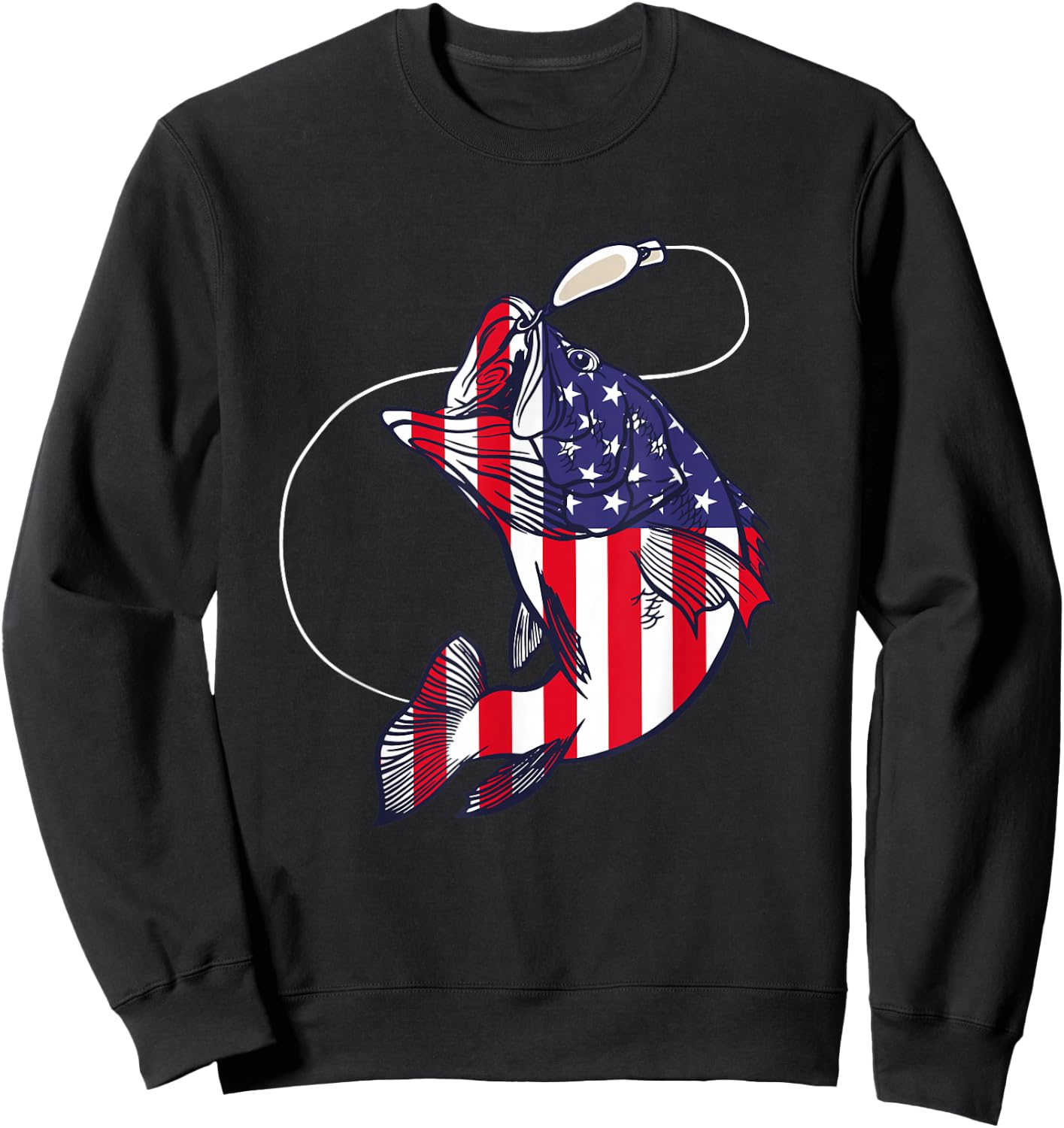 Bass Fishing Fish American Flag Patriotic Fourth of July Sweatshirt - Sweatshirt | Black