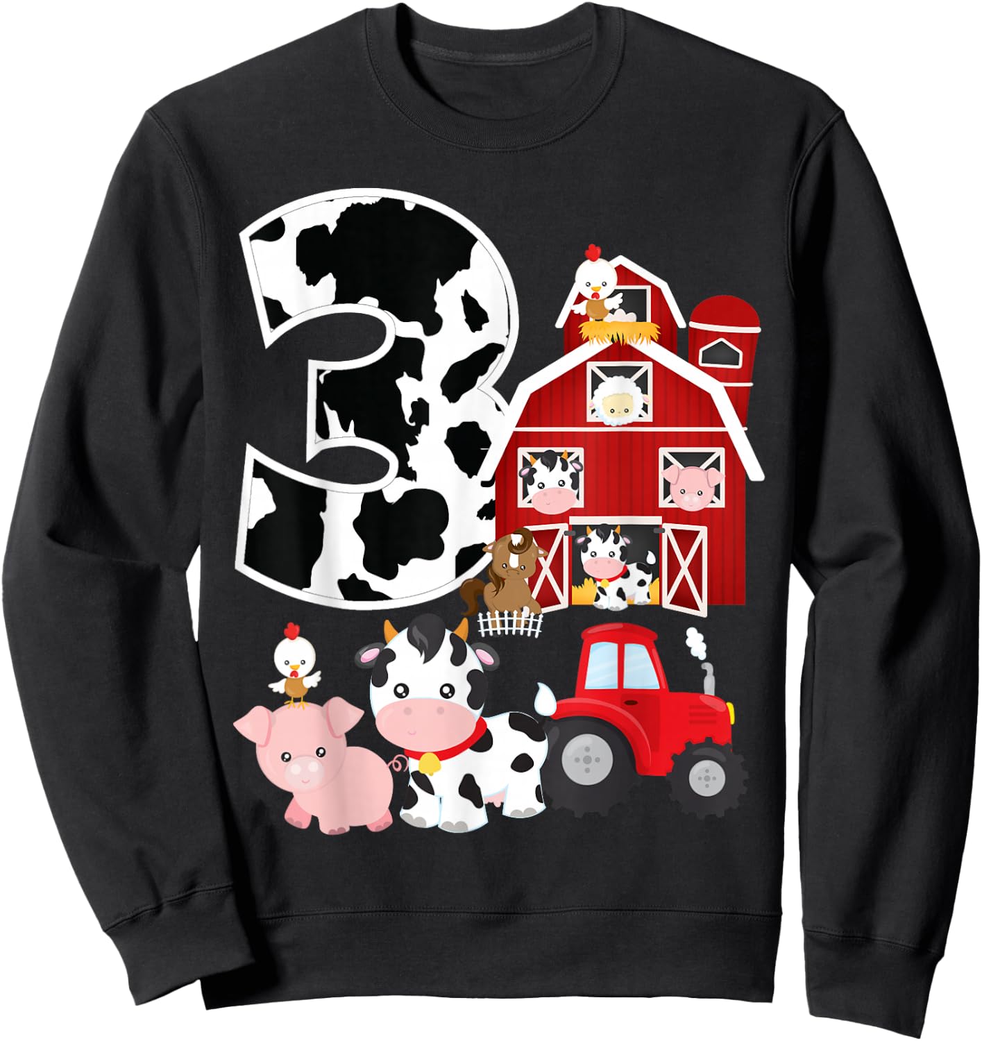 Farm Barnyard Theme Pig Cow Horse 3rd Birthday 3 Yrs Old Sweatshirt - Sweatshirt | Black