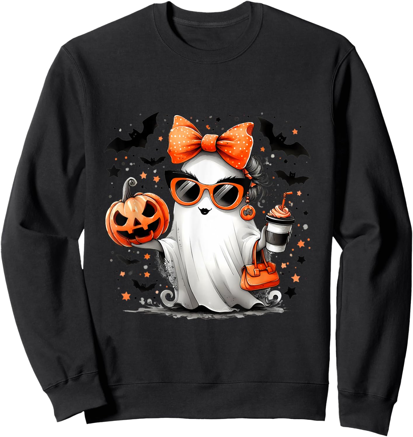 Cute Ghost Halloween Diva Cartoon Sunglasses Handbag Sweatshirt - Sweatshirt | Black