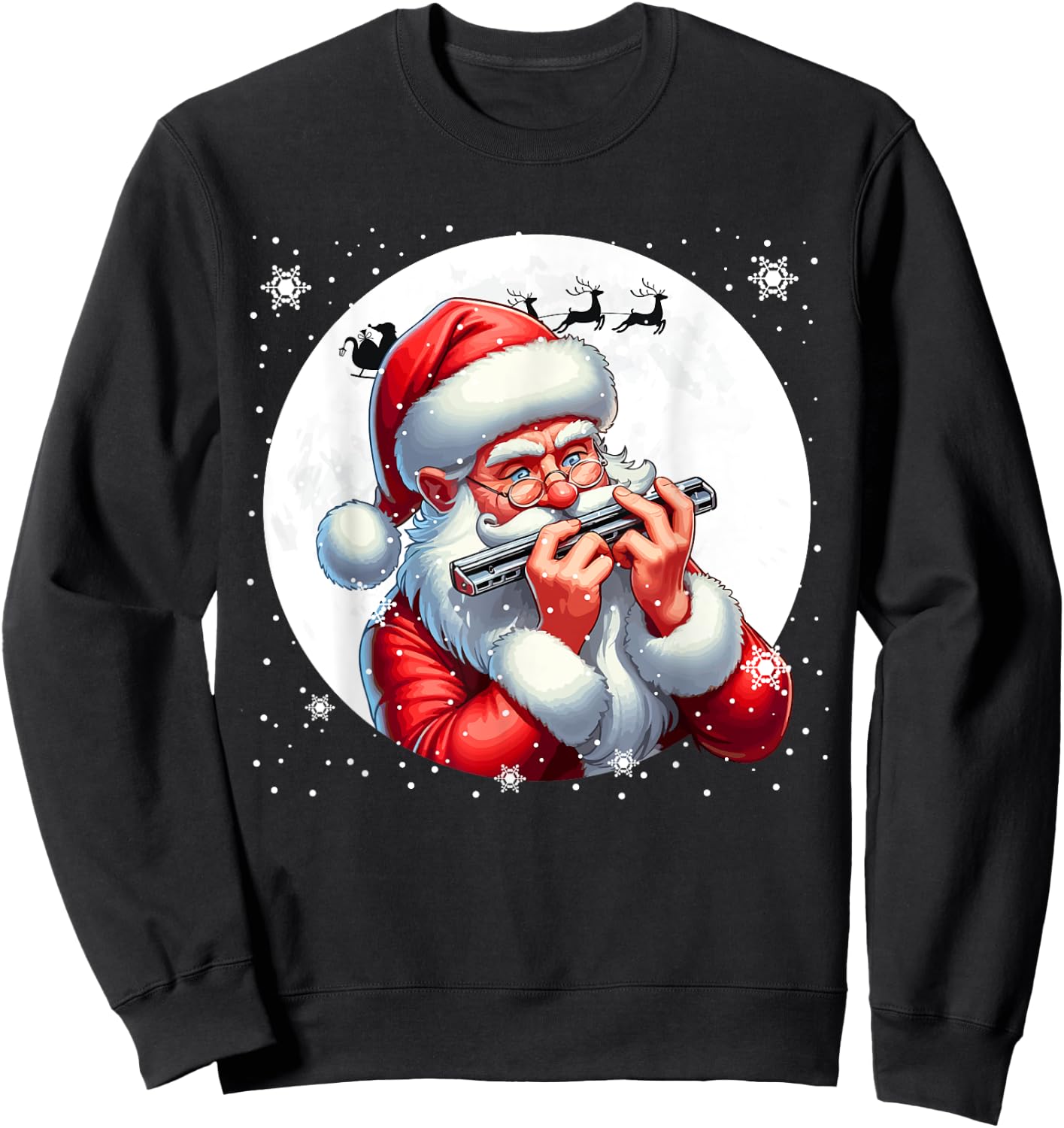 Santa Playing Harmonica Xmas Moon Costume Instrument Music Sweatshirt - Sweatshirt | Black