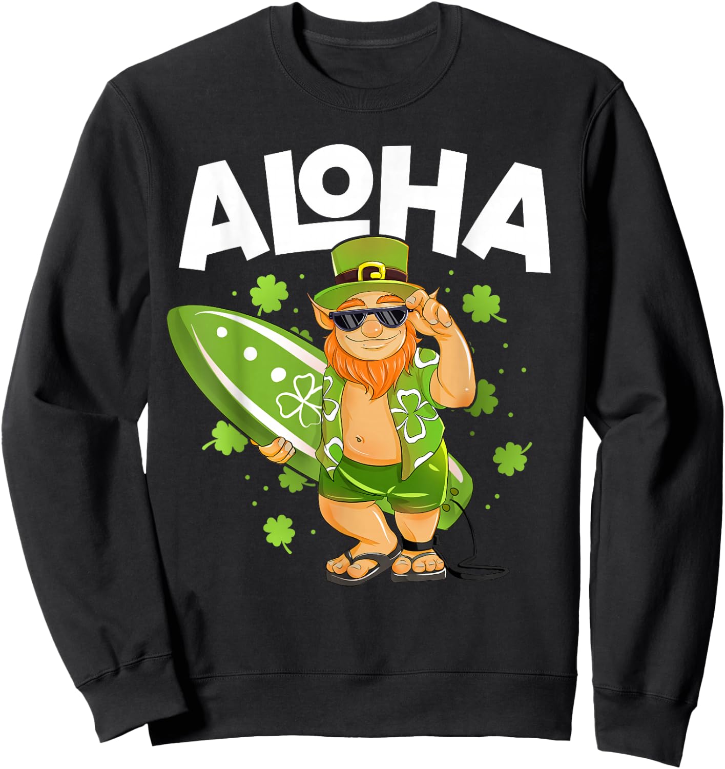 Aloha Hawaii Surfing Leprechaun St Patrick's Day Hawaiian Sweatshirt - Sweatshirt | Black