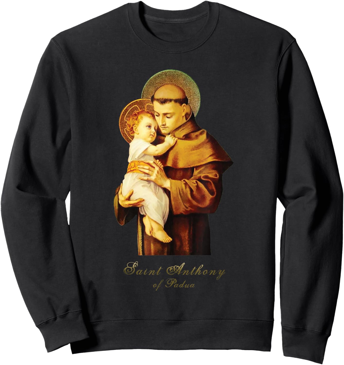 MJ Sacred Art St Anthony of Padua Catholic Saint - Women's Black Short Sleeve Classic Fit Letter Print T Back Collarless - Small Sweatshirt - Sweatshirt | Black