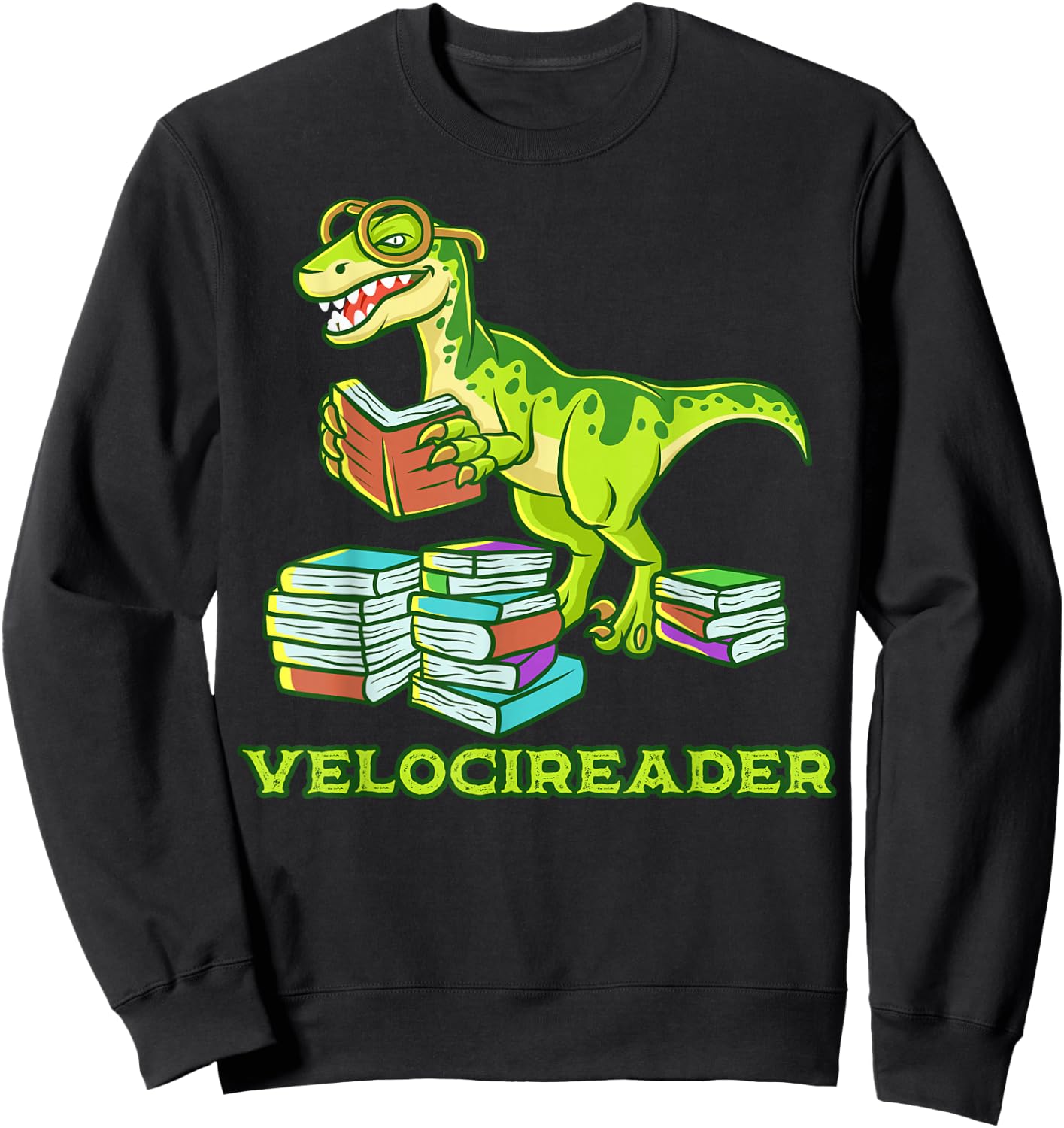 Velocireader Dinosaur Book Reading Velociraptor Dino Sweatshirt - Sweatshirt | Black