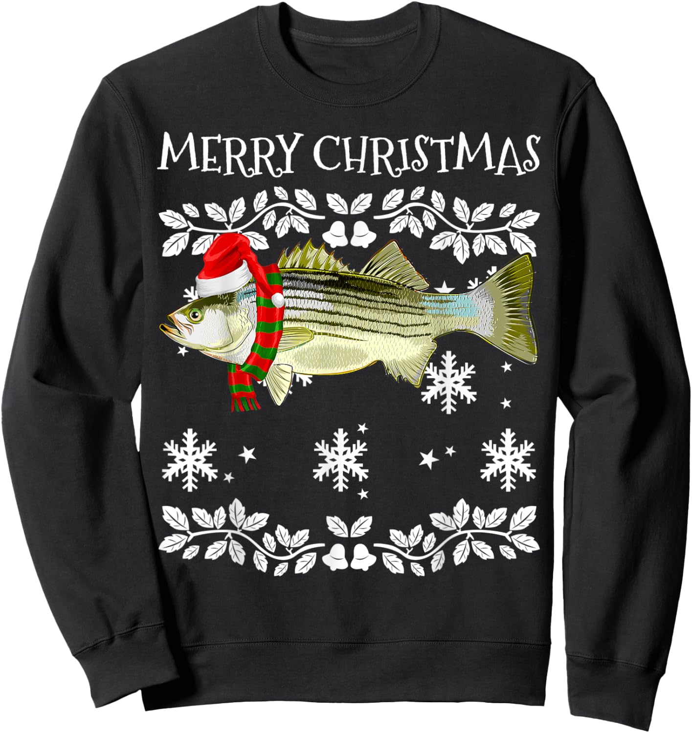 Fish Merry Christmas Ornament Striped Bass Ugly Xmas Sweatshirt - Sweatshirt | Black