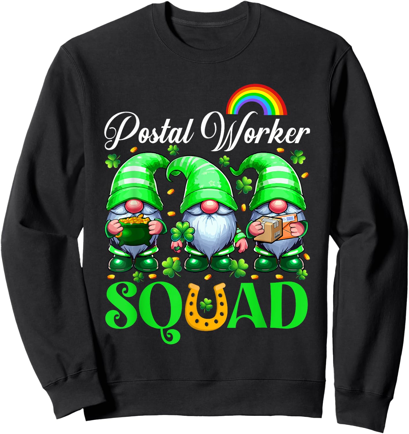Postal Worker Squad St. Patrick's Day Three Cute Gnomes Sweatshirt - Sweatshirt | Black