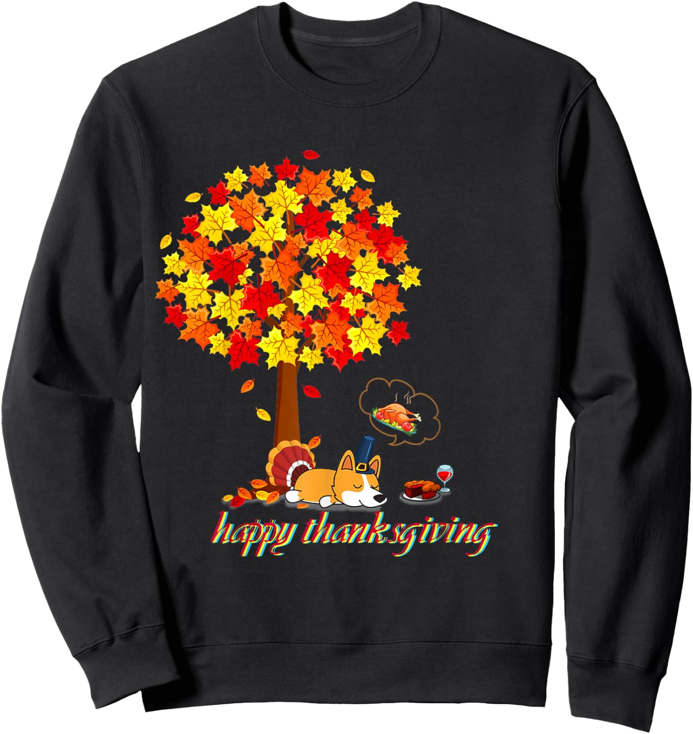 Funny Thanksgiving Corgi Lover Black Thanksgiving-themed Corgi -Adults Small Short Sleeve Cotton 100% Sweatshirt - Sweatshirt | Black