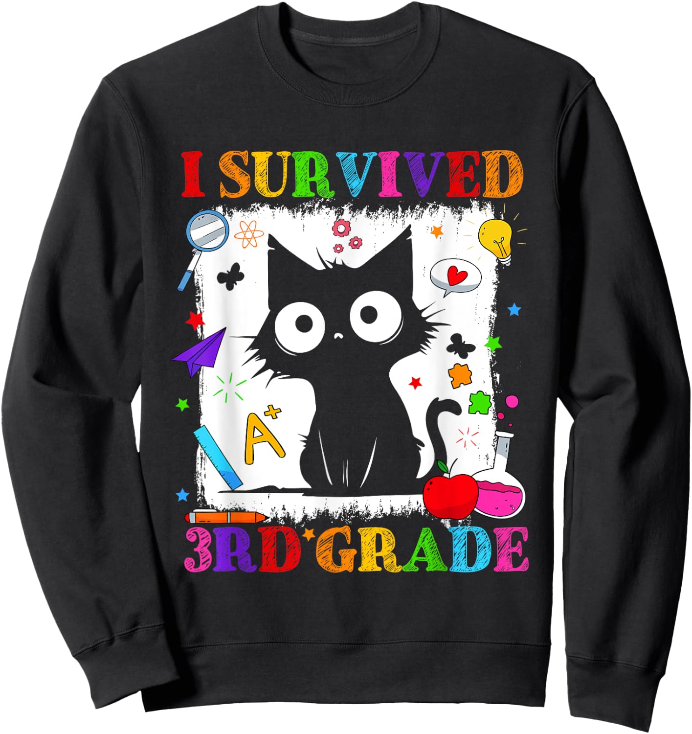 I Survived Third 3rd Grade Funny Graduation Cat Kids Sweatshirt - Sweatshirt | Black