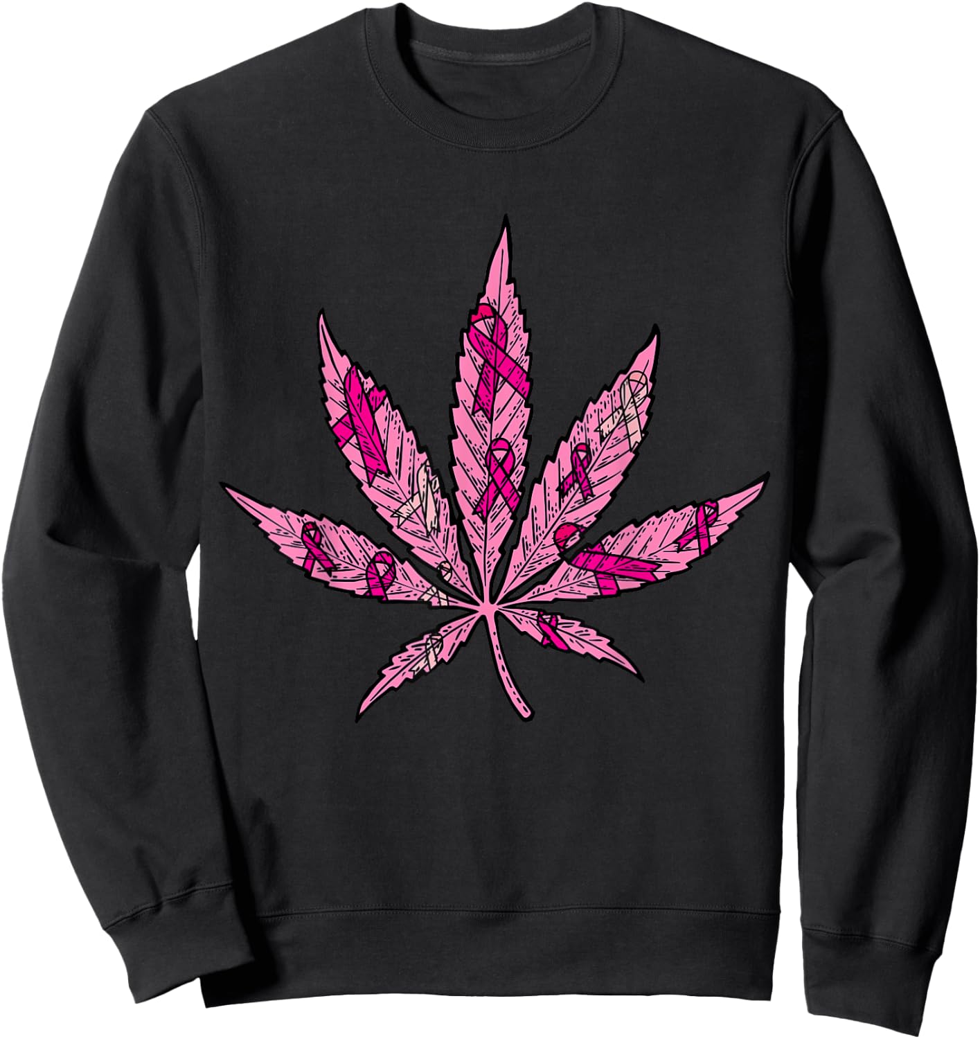 Pink Ribbon Weed Marijuana Cool Breast Cancer Awareness Gift Sweatshirt - Sweatshirt | Black