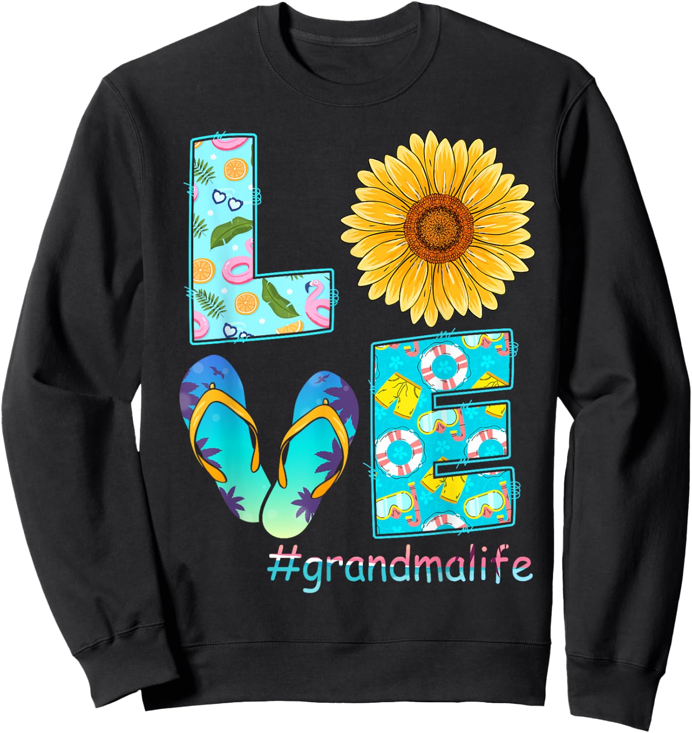 LOVE Grandma Life Flip Flops Hippie Sunflower Summer Women Sweatshirt - Sweatshirt | Black