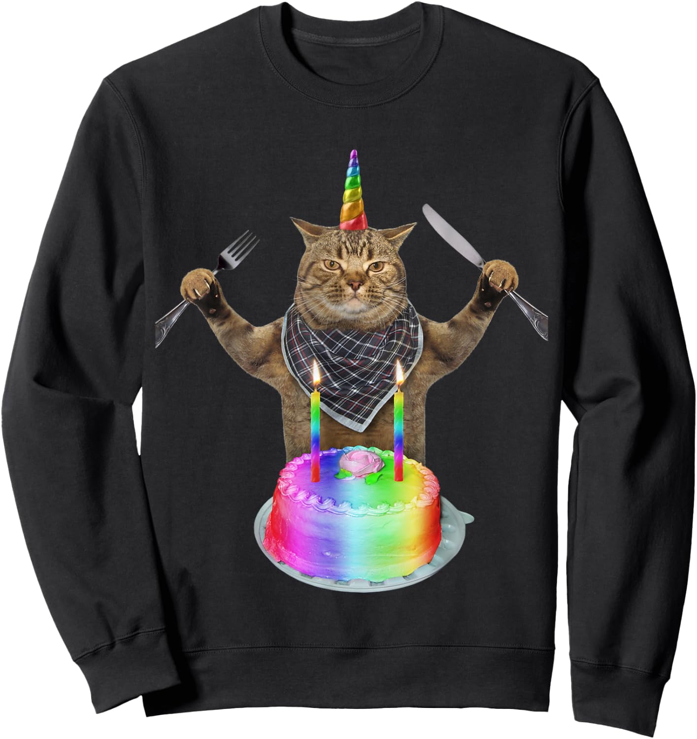 Funny cat unicorn with a birthday cake Women Girls Kids Sweatshirt - Sweatshirt | Black