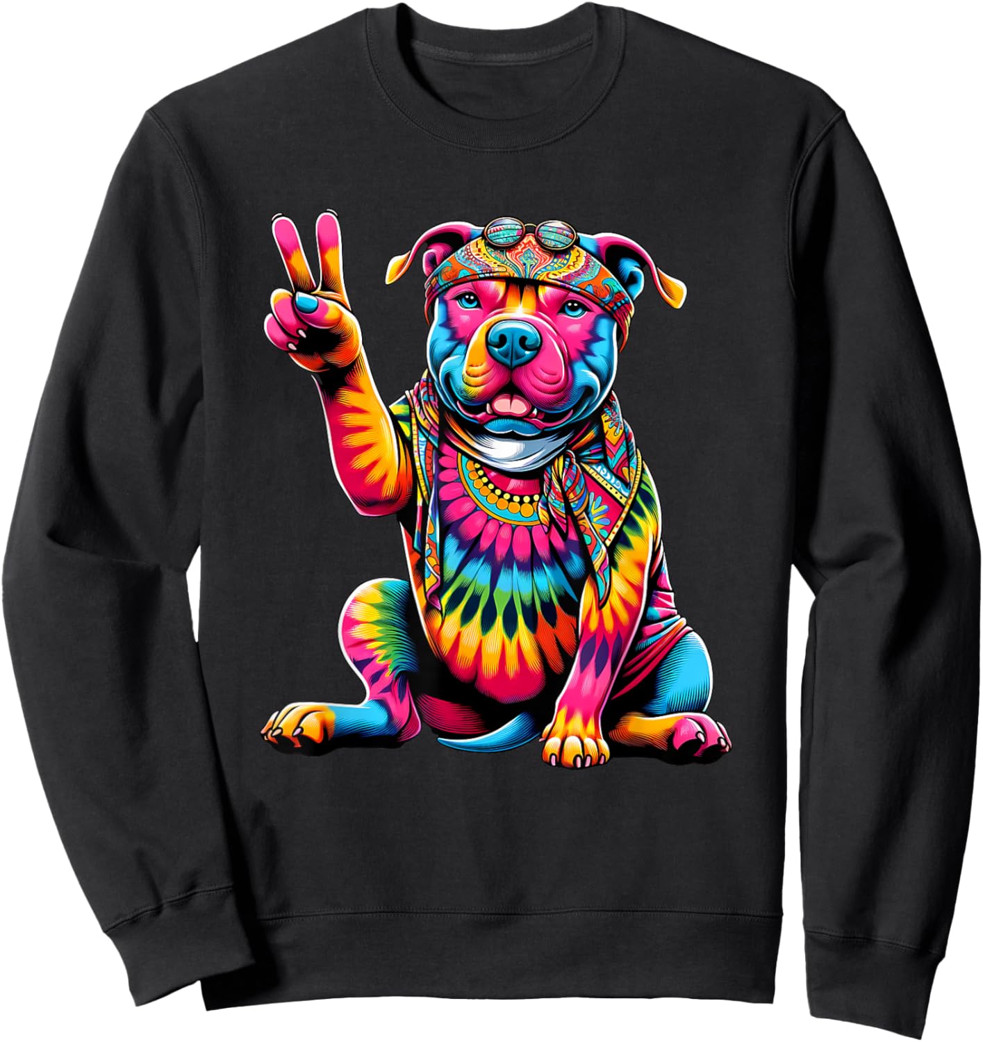 Peace Sign Tie Dye Pit Bull Dog Women Kids Sweatshirt - Sweatshirt | Black