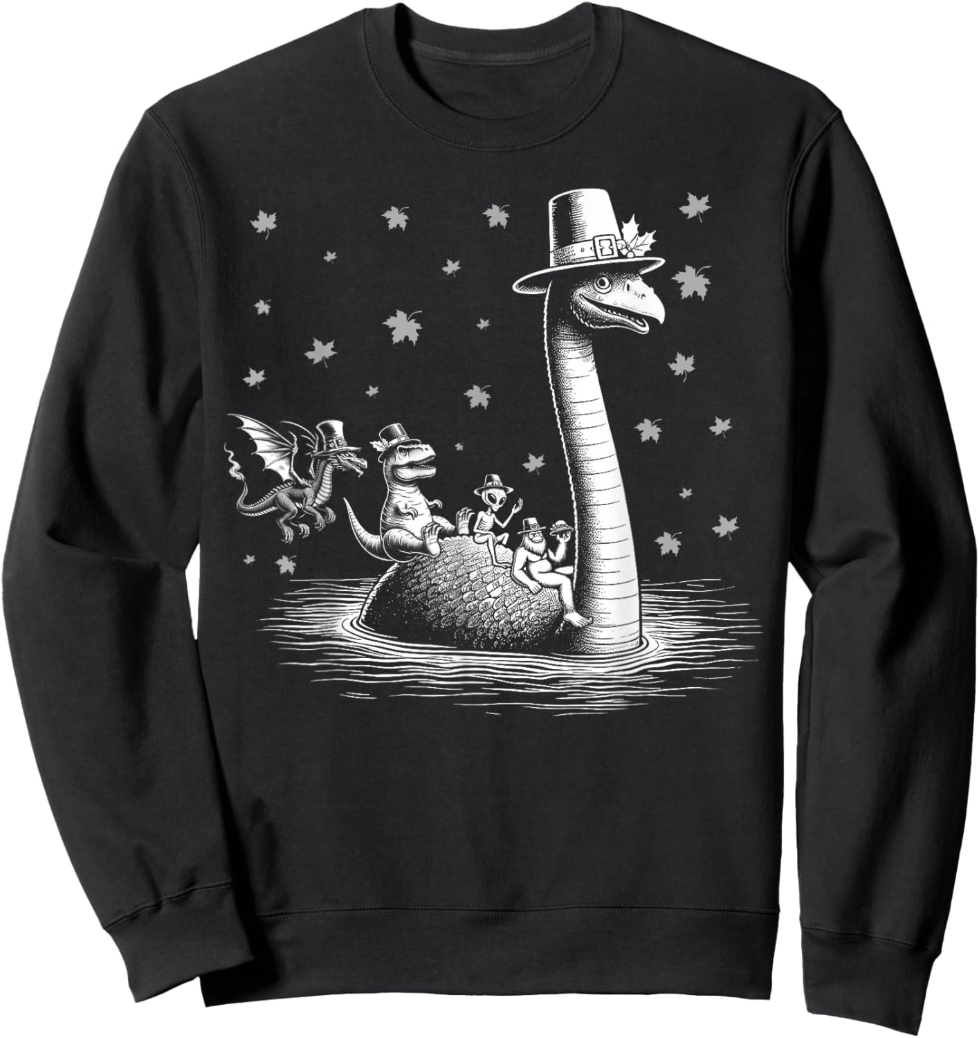 Thanksgiving Bigfoot alien riding loch Ness monster fall Sweatshirt - Sweatshirt | Black