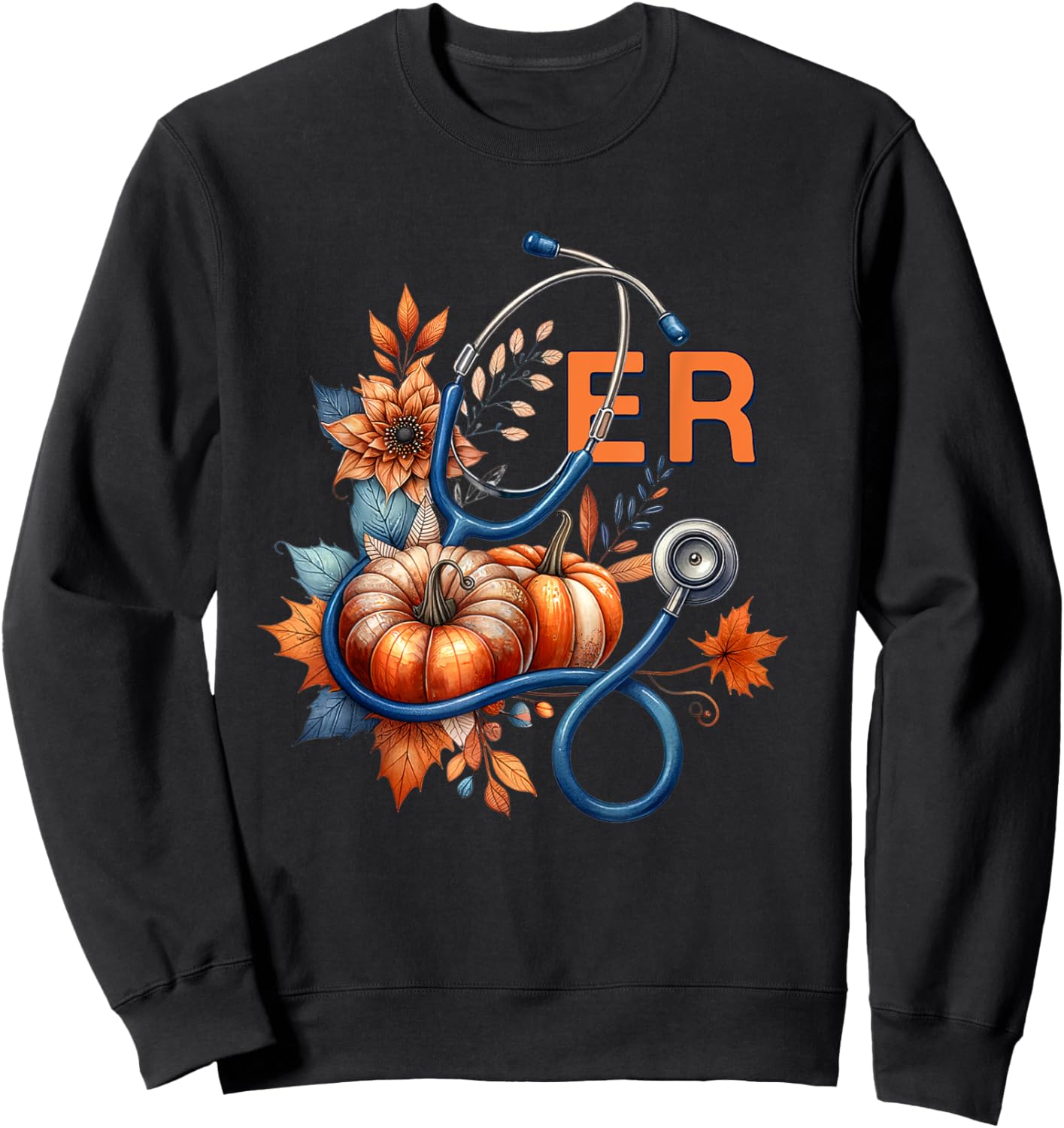 Fall Floral Stethoscope ER Emergency Room Nurse Appreciation Sweatshirt - Sweatshirt | Black