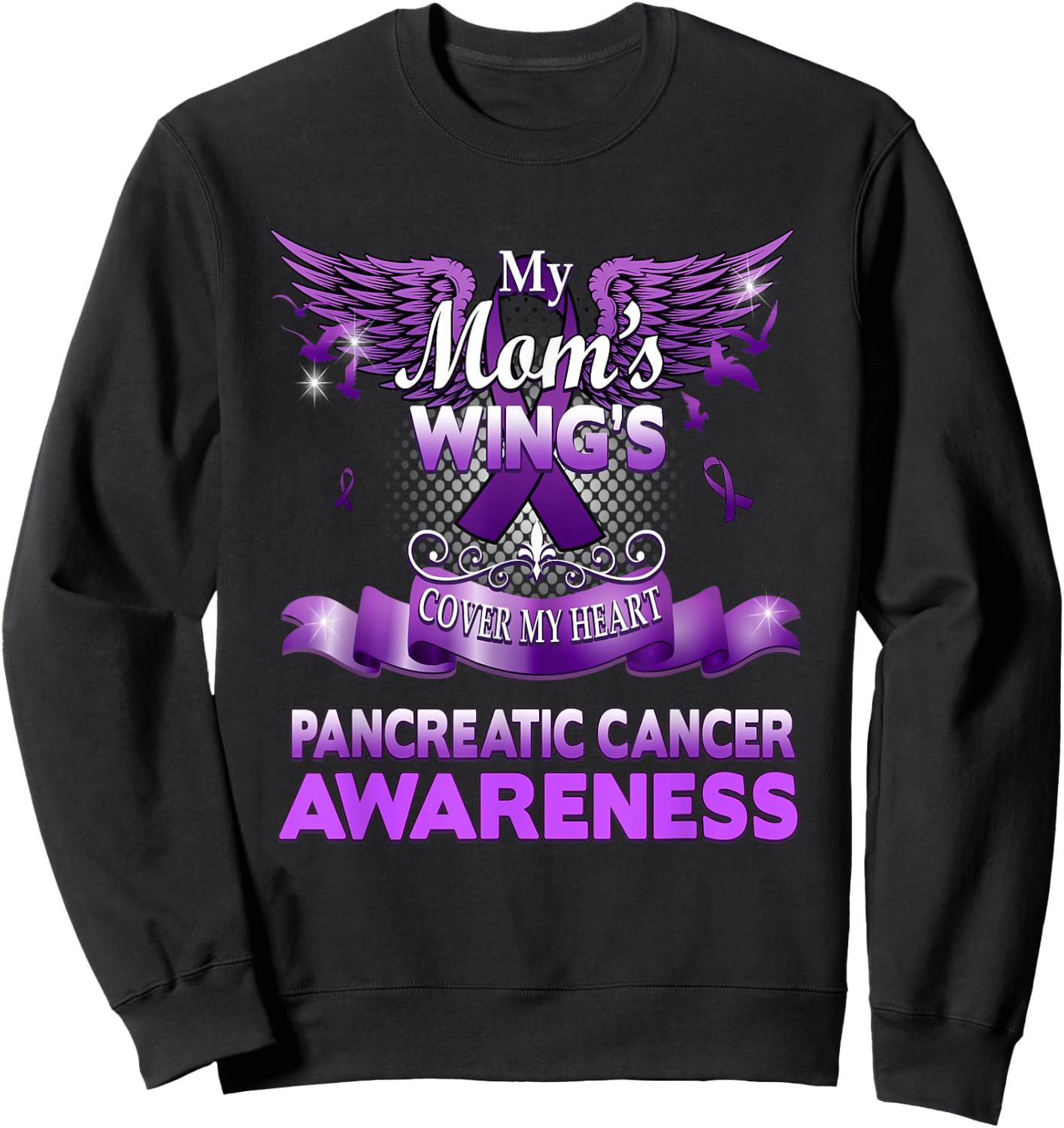 My Mom's Wings Cover My Heart Pancreatic Cancer Awareness Sweatshirt - Sweatshirt | Black