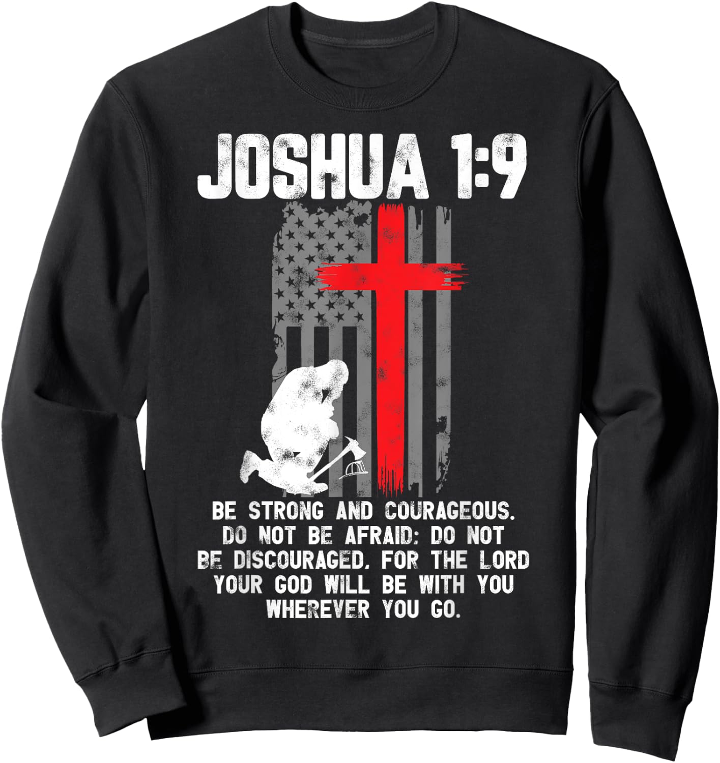 Thin Red Line Firefighter Cross Bible Verse Christian Sweatshirt - Sweatshirt | Black