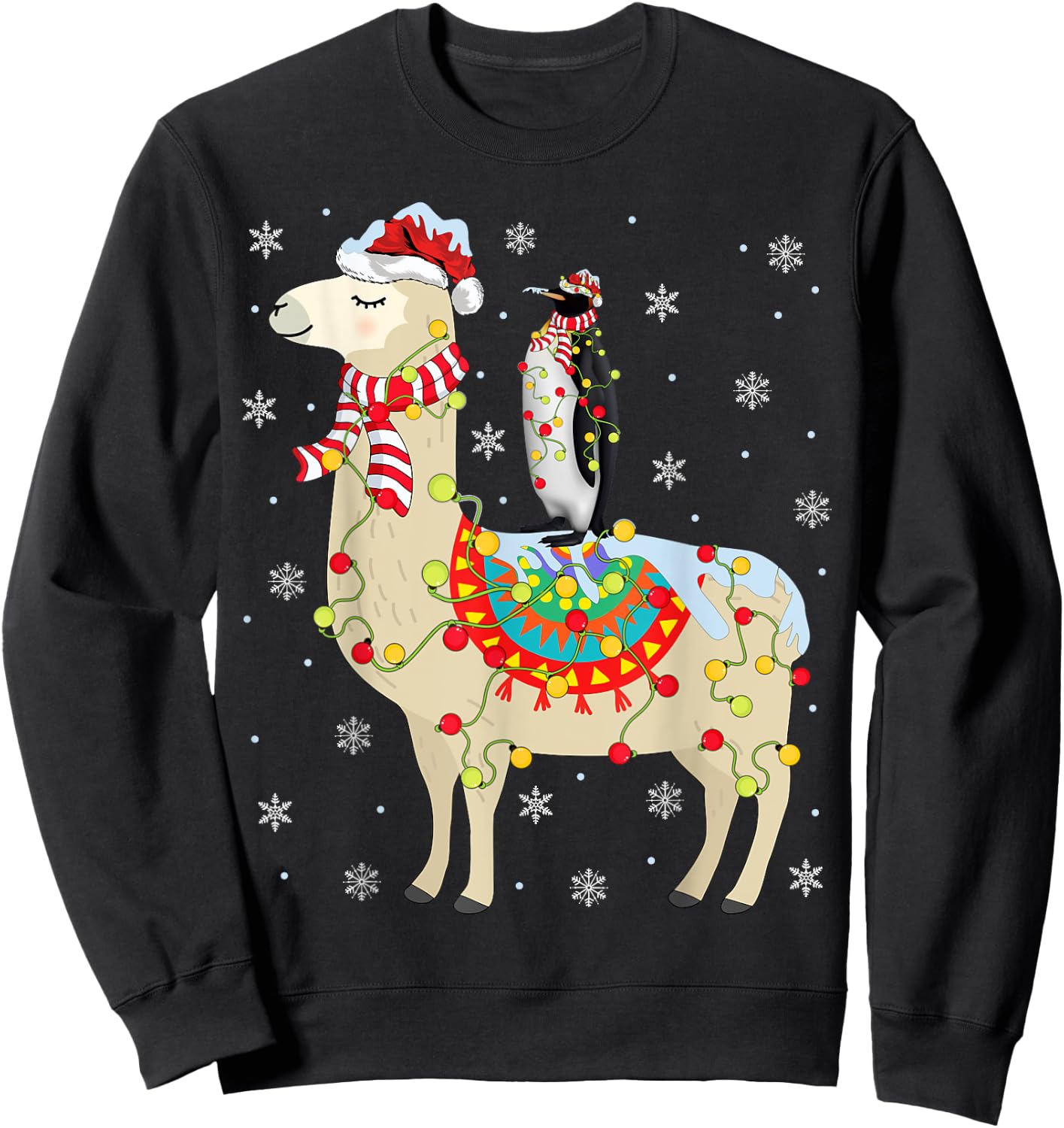 Xmas Lighting Santa Llama Riding Penguin Christmas Sweatshirt - Sweatshirt | Black