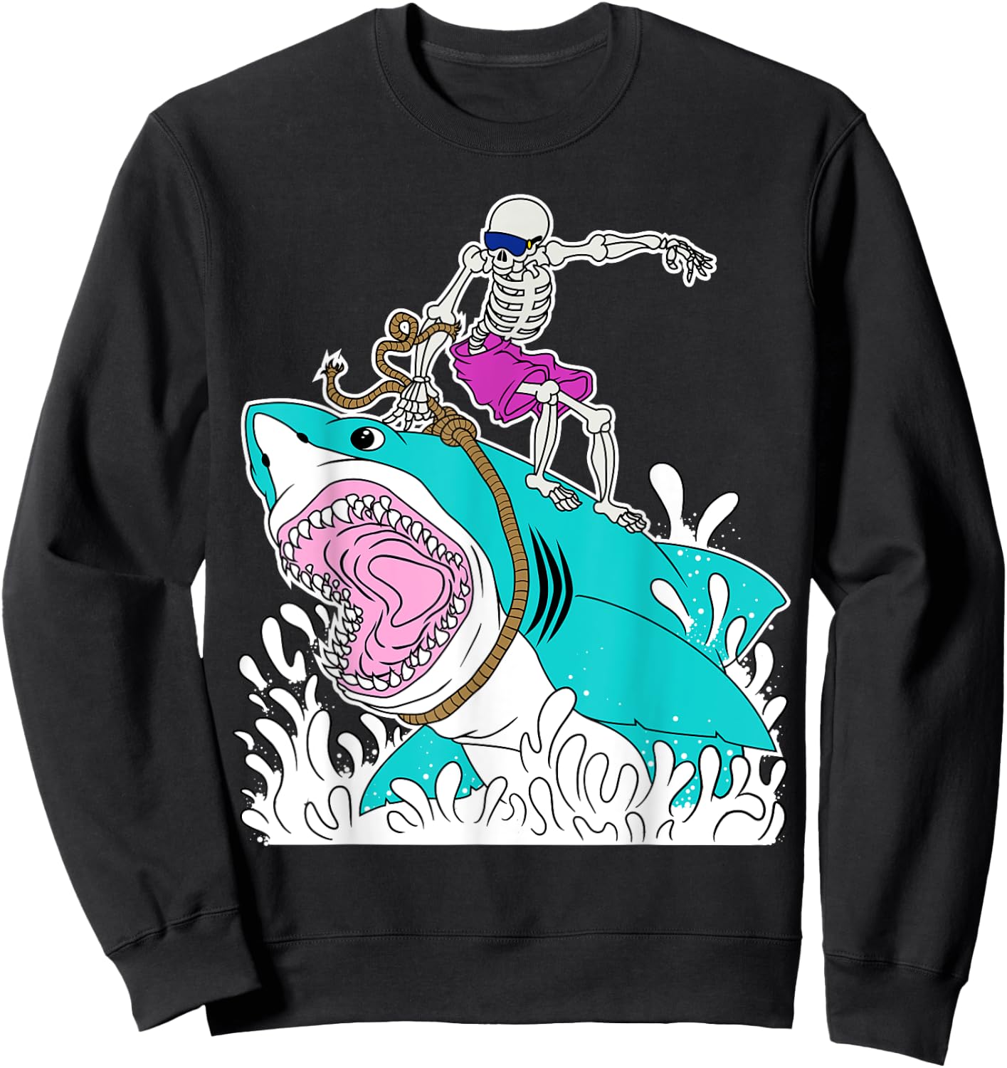 Funny Skeleton Surfing Shark Halloween Sweatshirt - Sweatshirt | Black