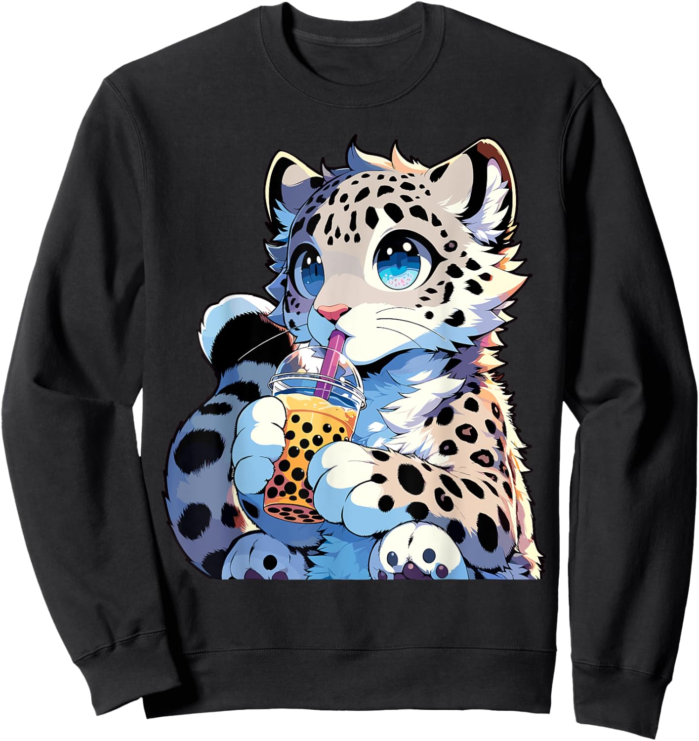 Kawaii Anime Snow Leopard Boba Tea Bubble Tea Sweatshirt - Sweatshirt | Black