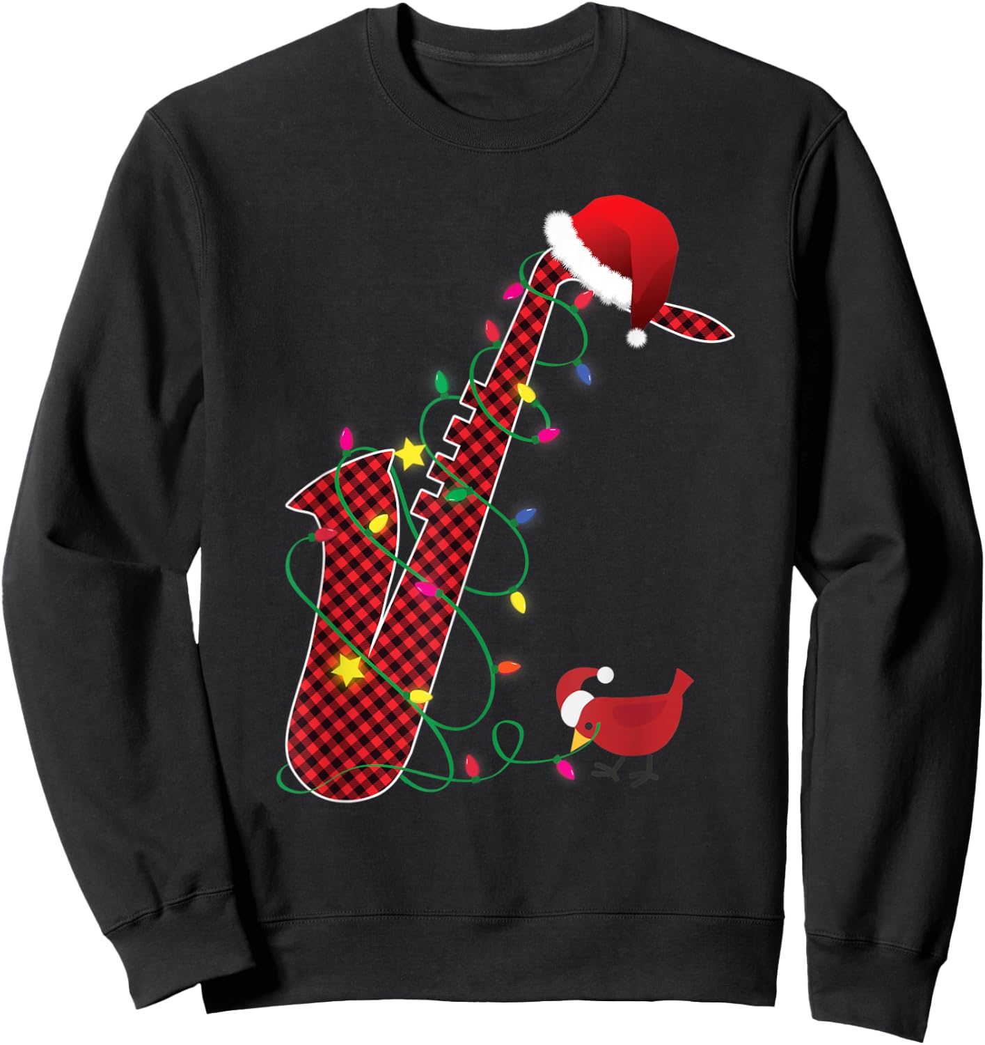 Red Buffalo Plaid Pajama Saxophone Lovers Christmas Lights Sweatshirt - Sweatshirt | Black