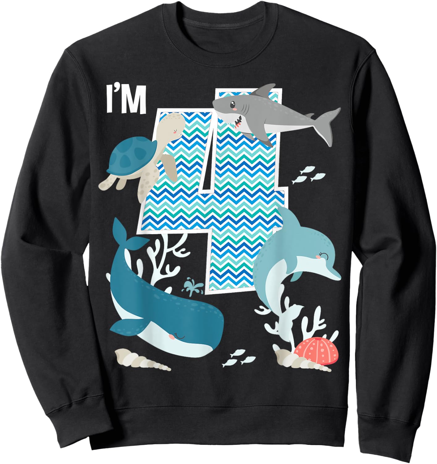 Kids 4 Year Old Ocean Life Whale Dolphin Shark 4th Birthday Sweatshirt - Sweatshirt | Black