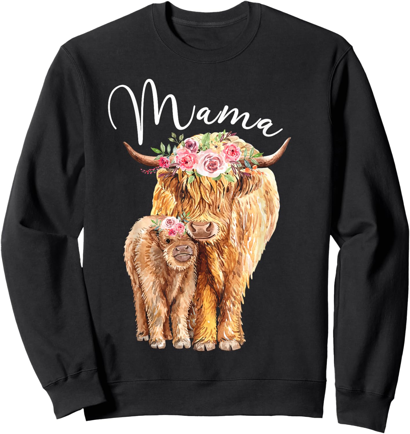 Mama Highland Cow With Baby Calf Floral Mothers Day Mom Gift Sweatshirt - Sweatshirt | Black
