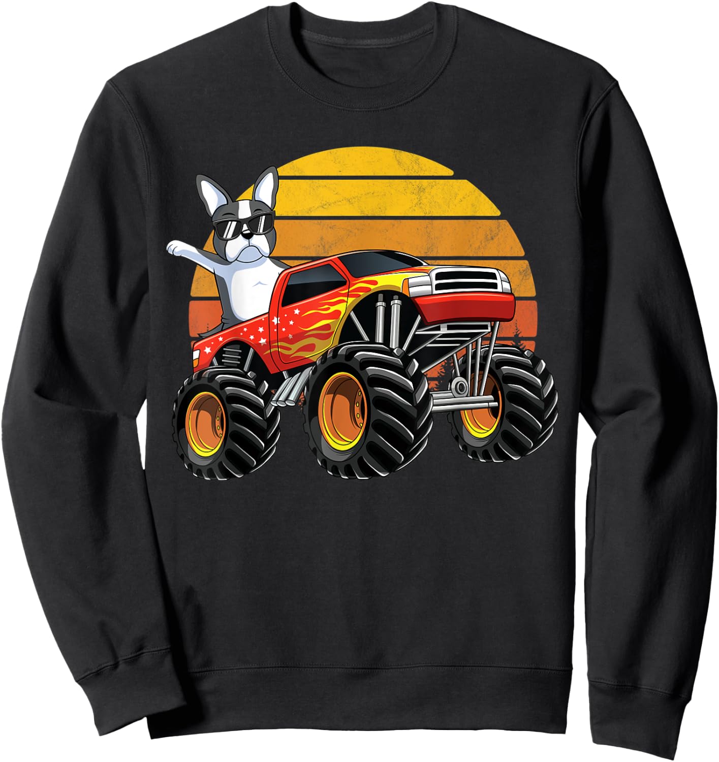 Monster Truck Boston Terrier Dog Retro Sunset Boys Kids Gift Sweatshirt - Sweatshirt | Black