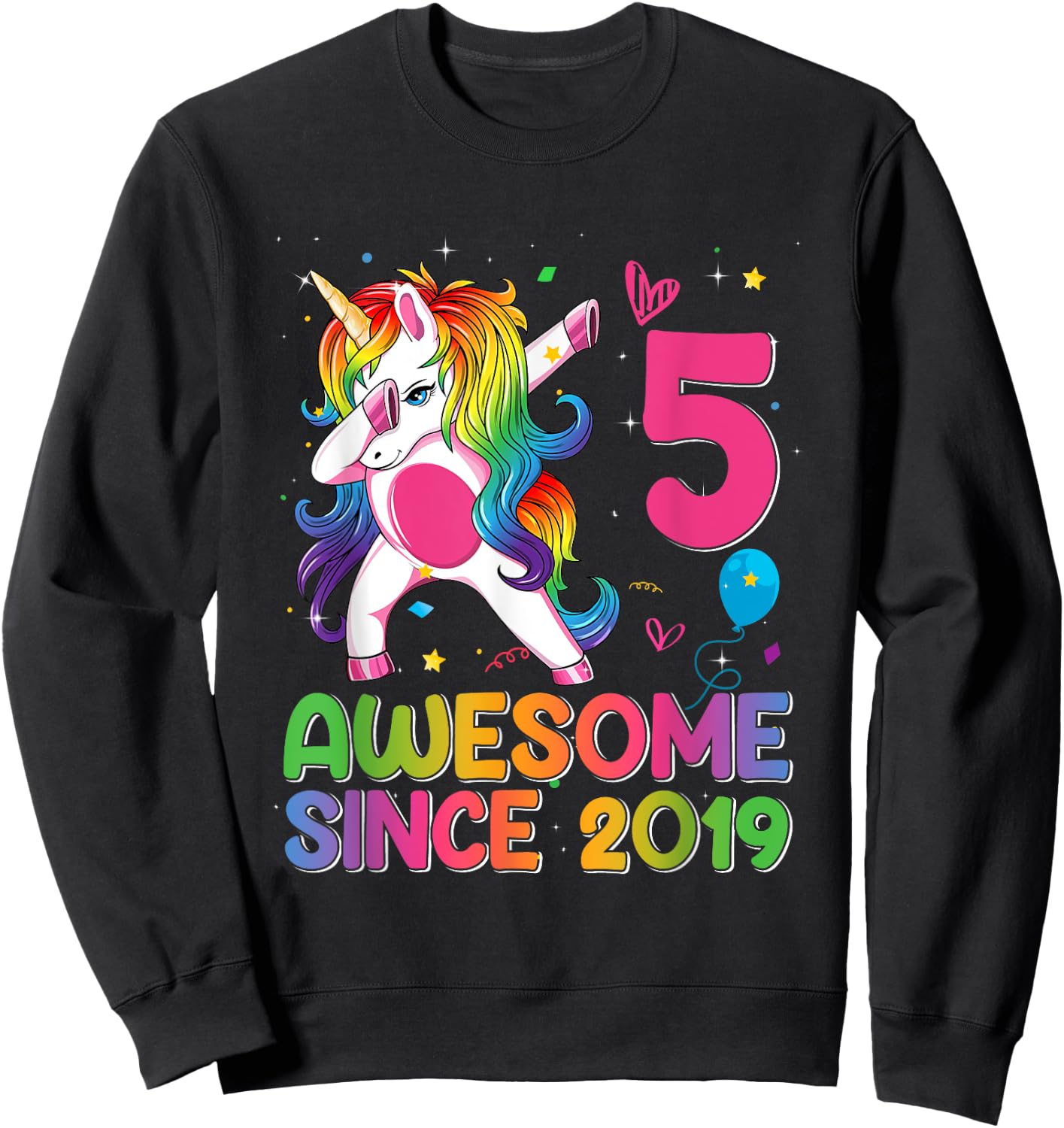 5 Years Old Awesome Since 2019 5th Birthday Unicorn Girls Sweatshirt - Sweatshirt | Black