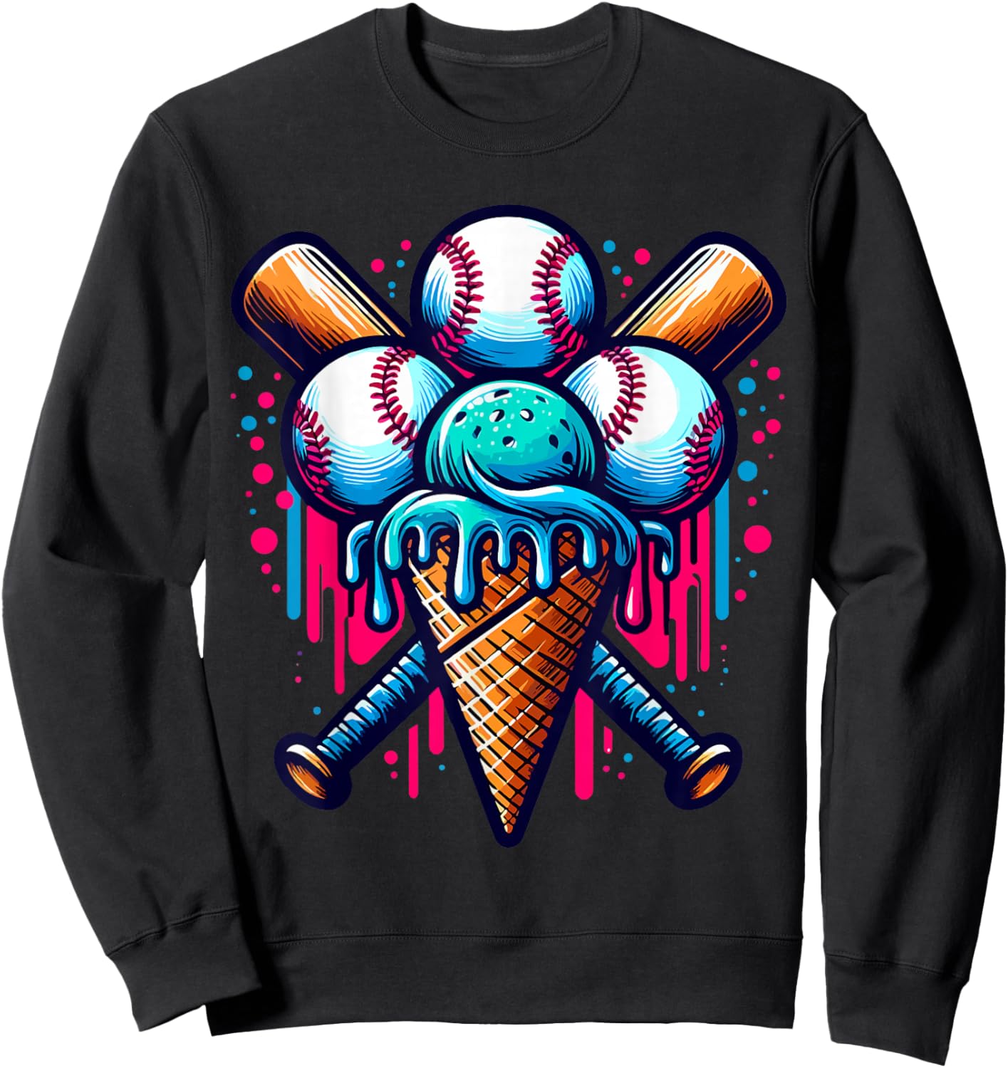 Baseball Ice Cream Watercolor Sports Lover Ice Cream Cone Sweatshirt - Sweatshirt | Black