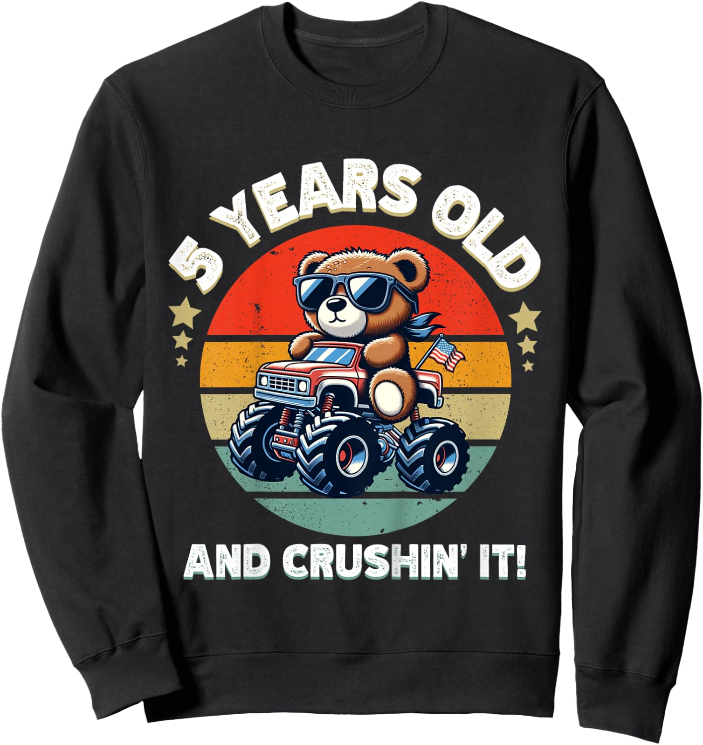 Kids Retro 5th Birthday Monster Truck Teddy Bear Crushin' It Boys Sweatshirt - Sweatshirt | Black