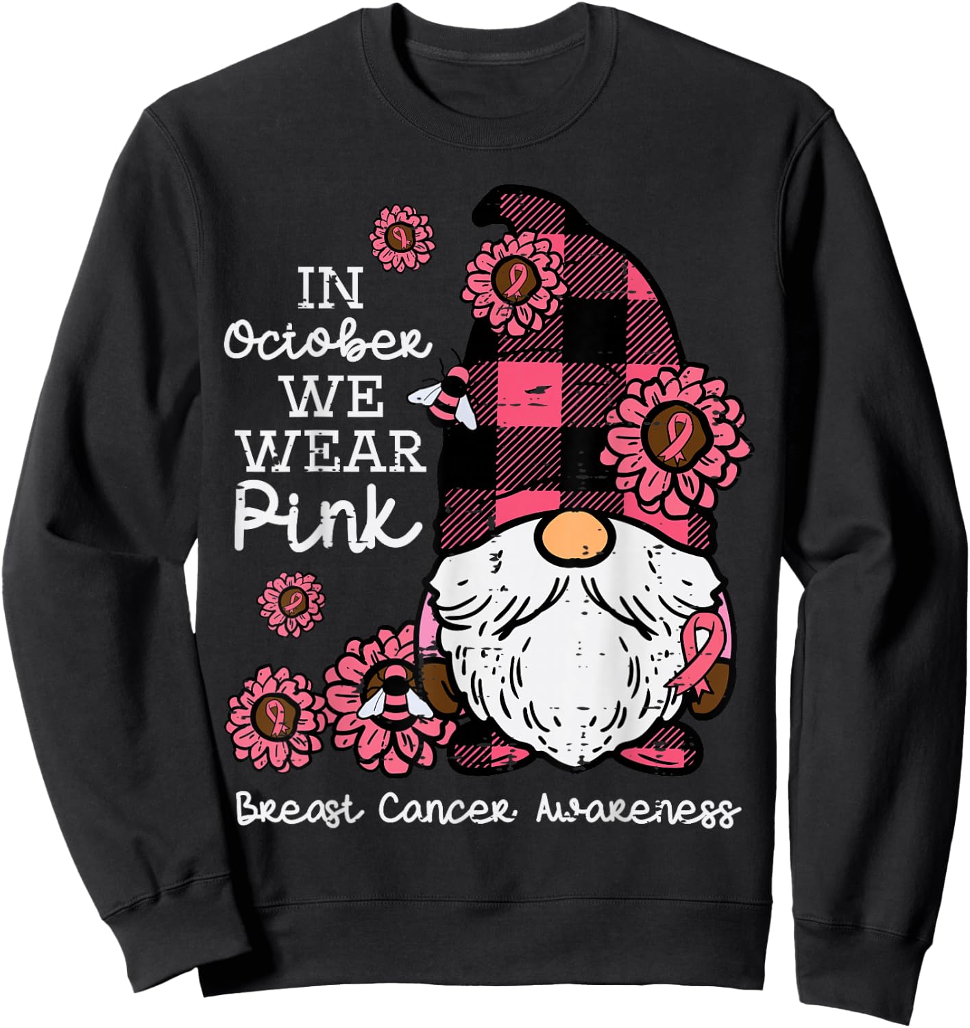 Breast Cancer Awareness Gnome October Wear Pink Women Men Sweatshirt - Sweatshirt | Black