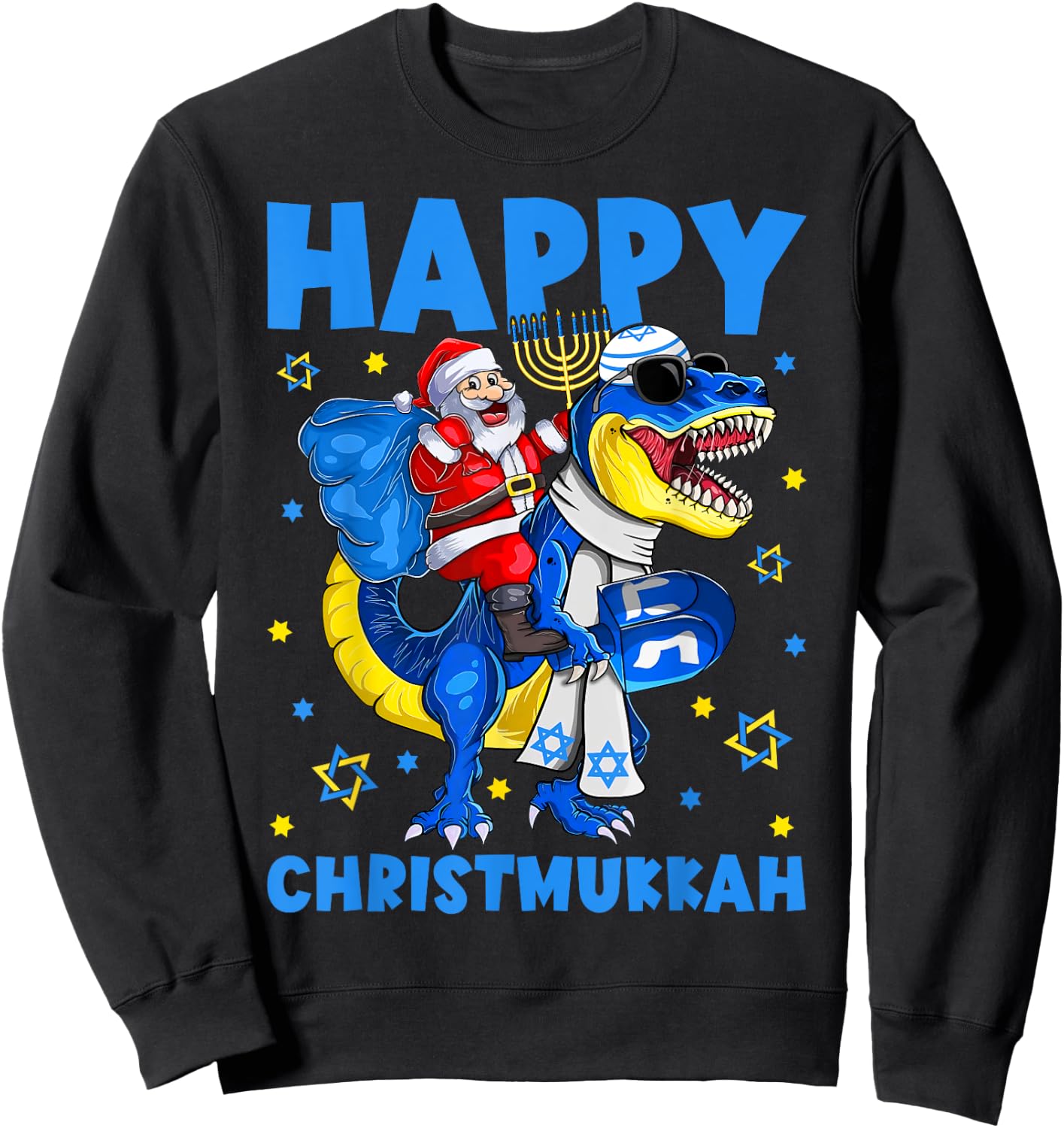 Happy Christmukkah Santa Rides Jewish T Rex Menorah Chanukah Sweatshirt - Sweatshirt | Black