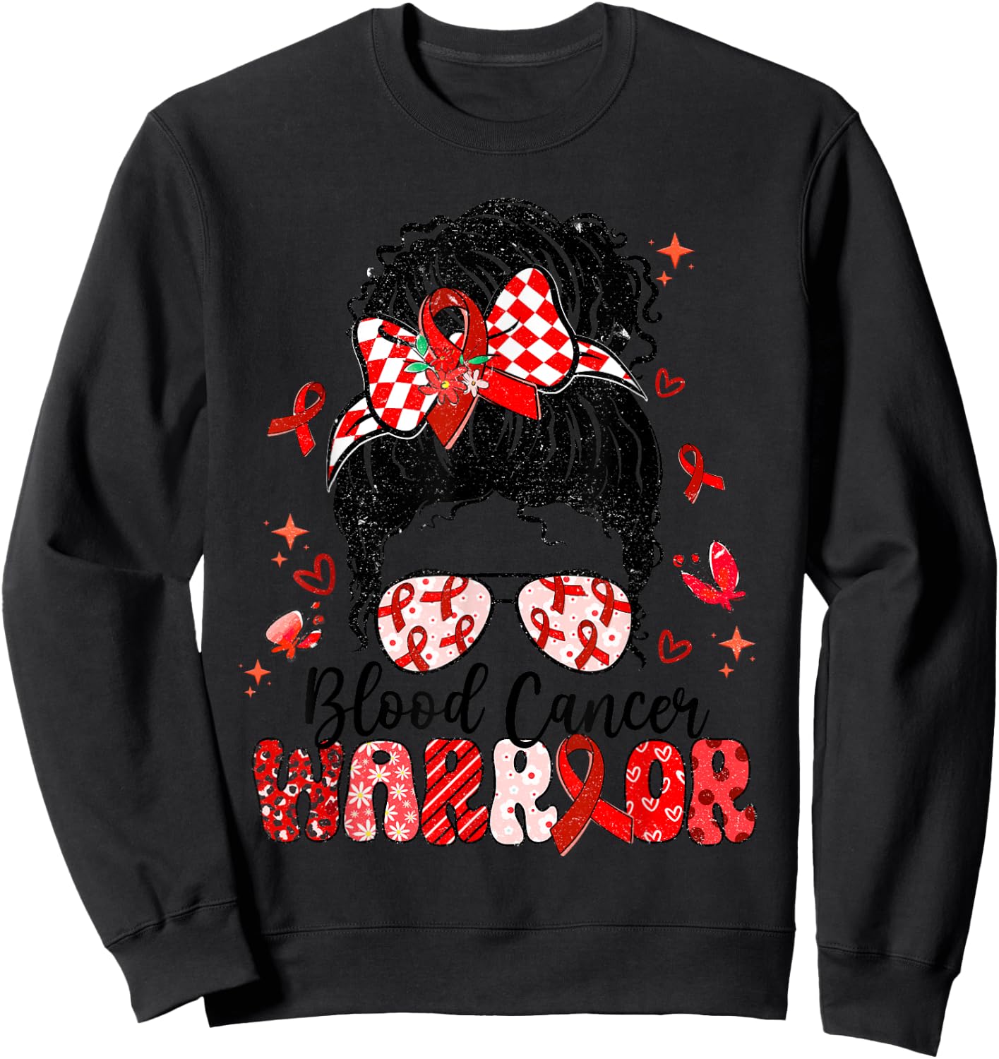 Warrior Messy Bun Red Ribbon Blood Cancer Awareness Sweatshirt - Sweatshirt | Black