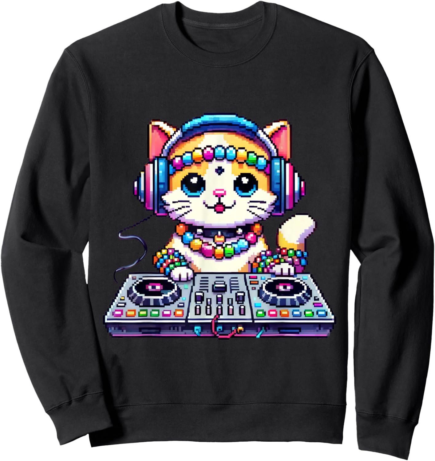 Funny Graphic Pixel Kandi DJ Cat Festival Rave EDM Party EDC Women Sweatshirt - Sweatshirt | Black