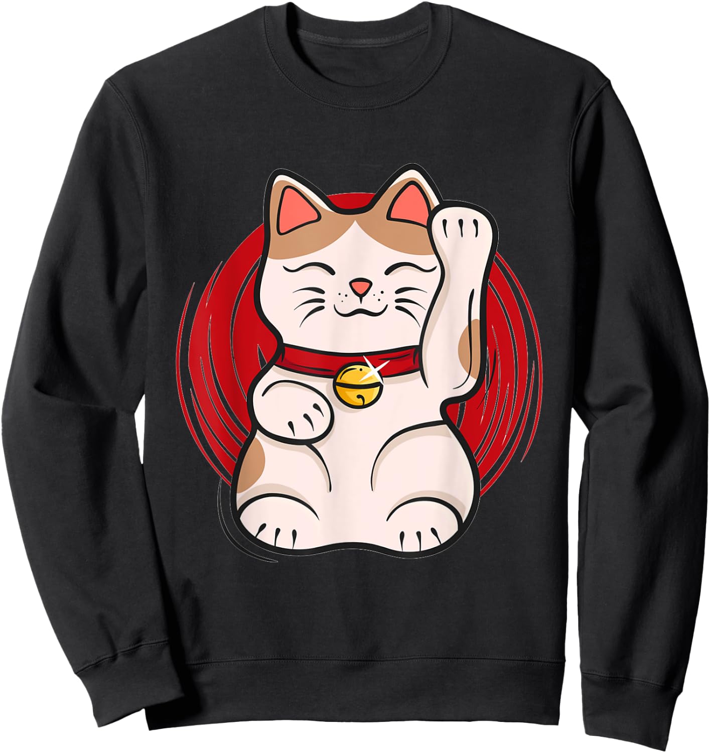 Maneki-Neko Lucky Cat Statue Waving Japanese Style Design Sweatshirt - Sweatshirt | Black
