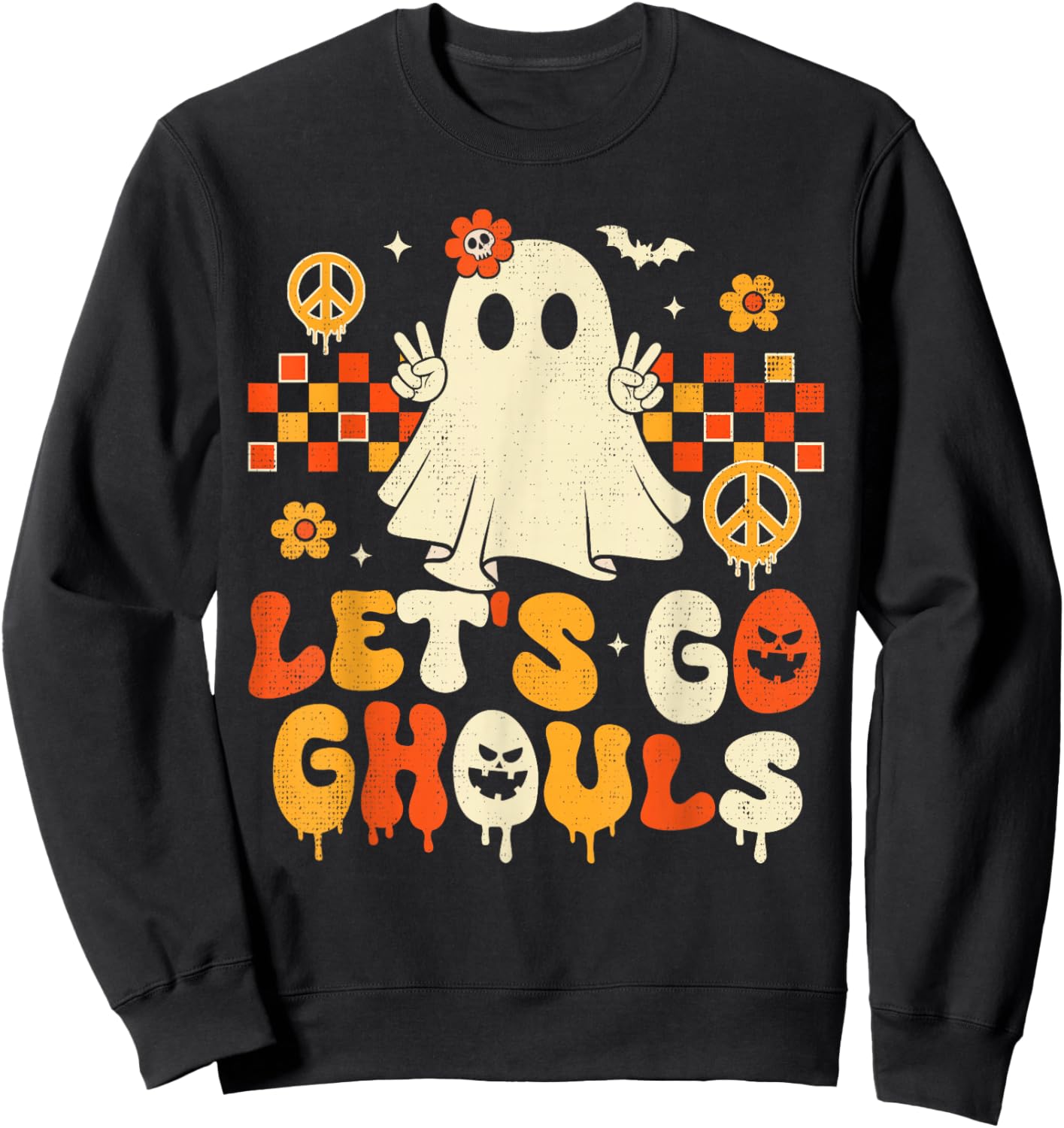 Halloween Lets Go Ghouls Ghost Retro Groovy Women Girl Kids Sweatshirt - Sweatshirt | Black