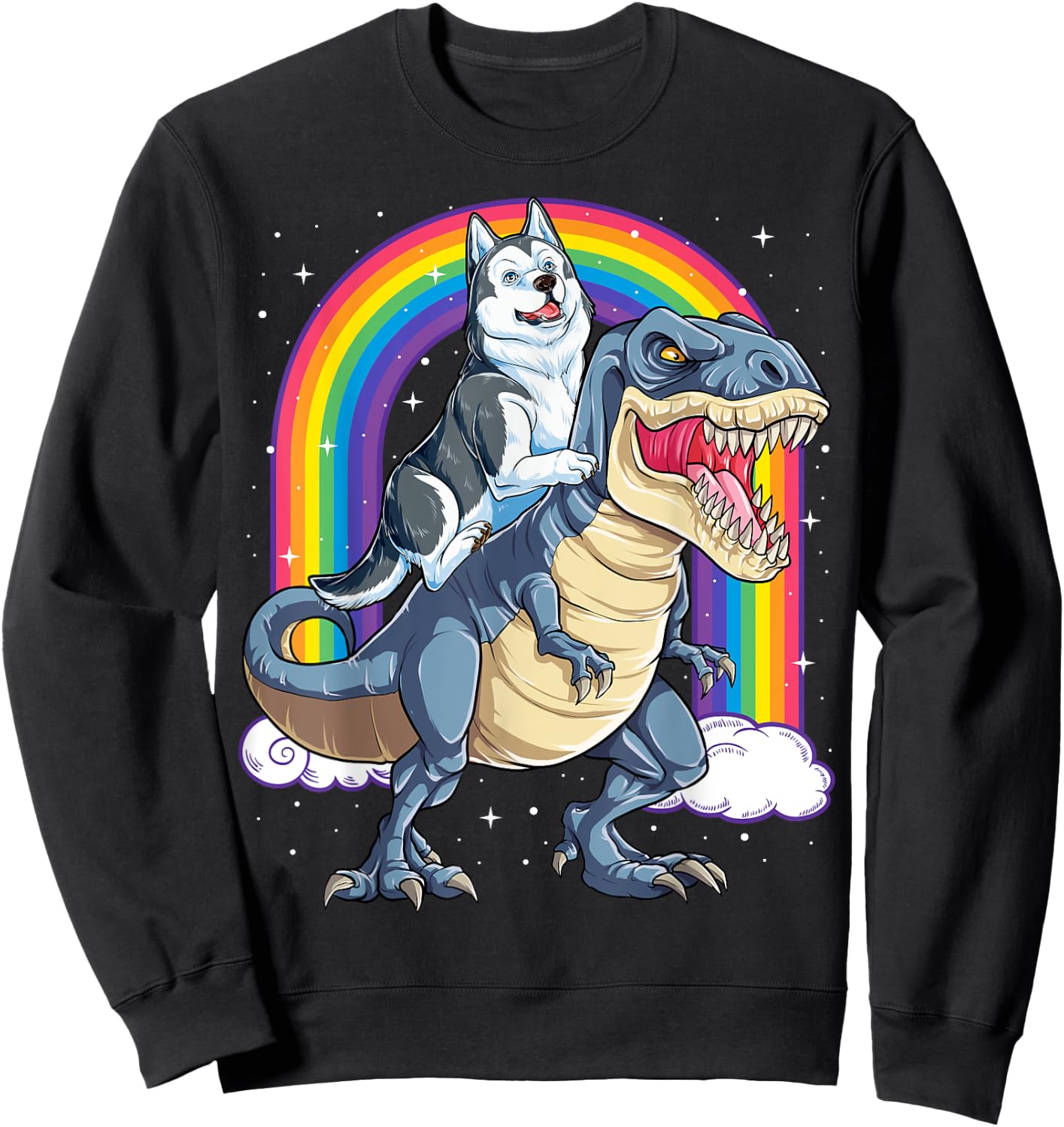 Siberian Husky Riding Dinosaur T-rex Gifts Boys Kids Rainbow Sweatshirt - Sweatshirt | Black