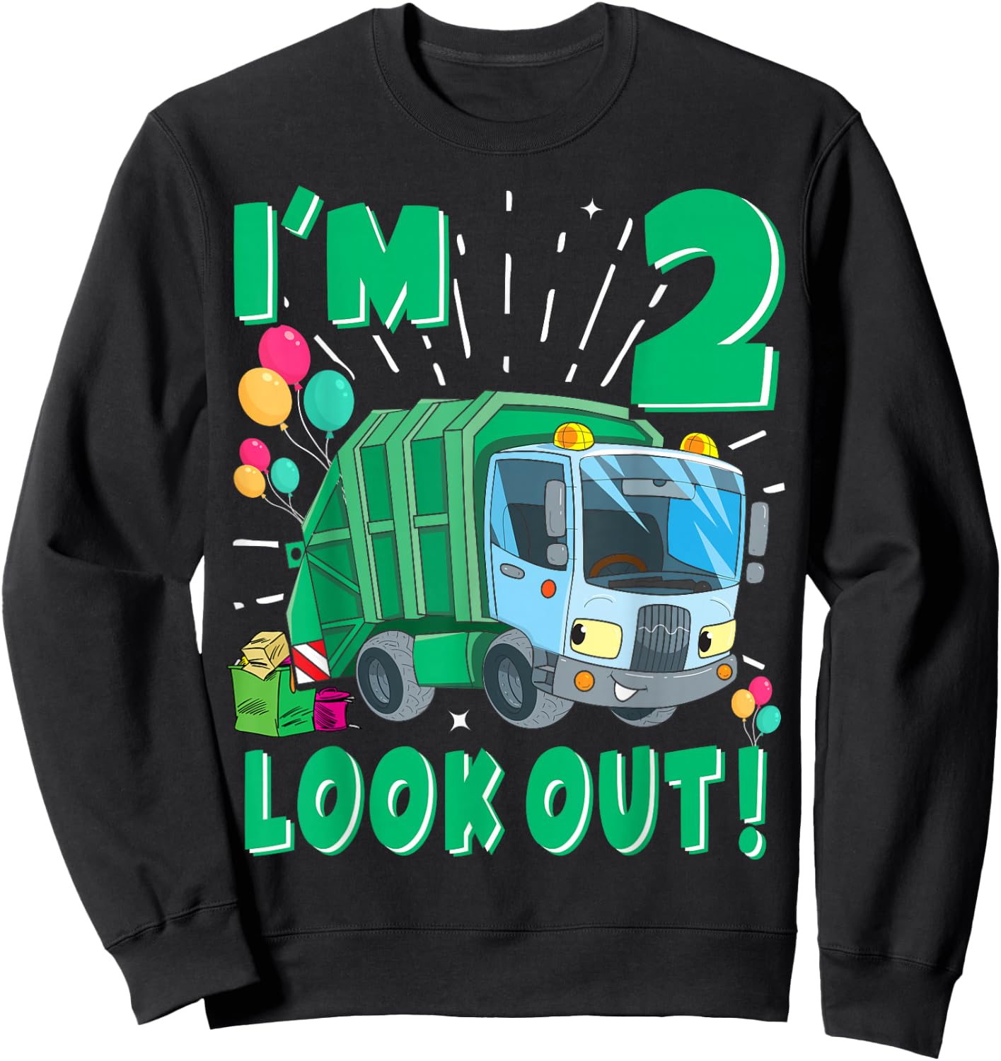 Two 2nd Birthday Garbage Truck Trash Boy 2 Years Old Sweatshirt - Sweatshirt | Black