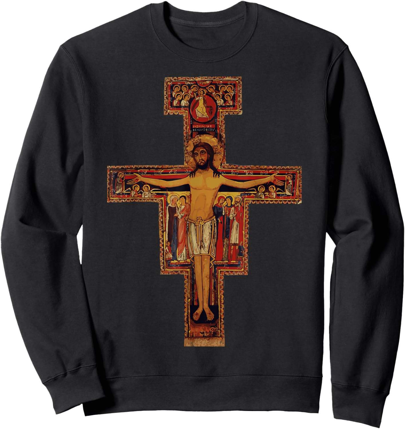 Happy Catholics Catholic Francis of Assisi San Damiano Cross - Black, Adult, Short Sleeve, Modern Religious Style, Casual, Size Small Sweatshirt - Sweatshirt | Black