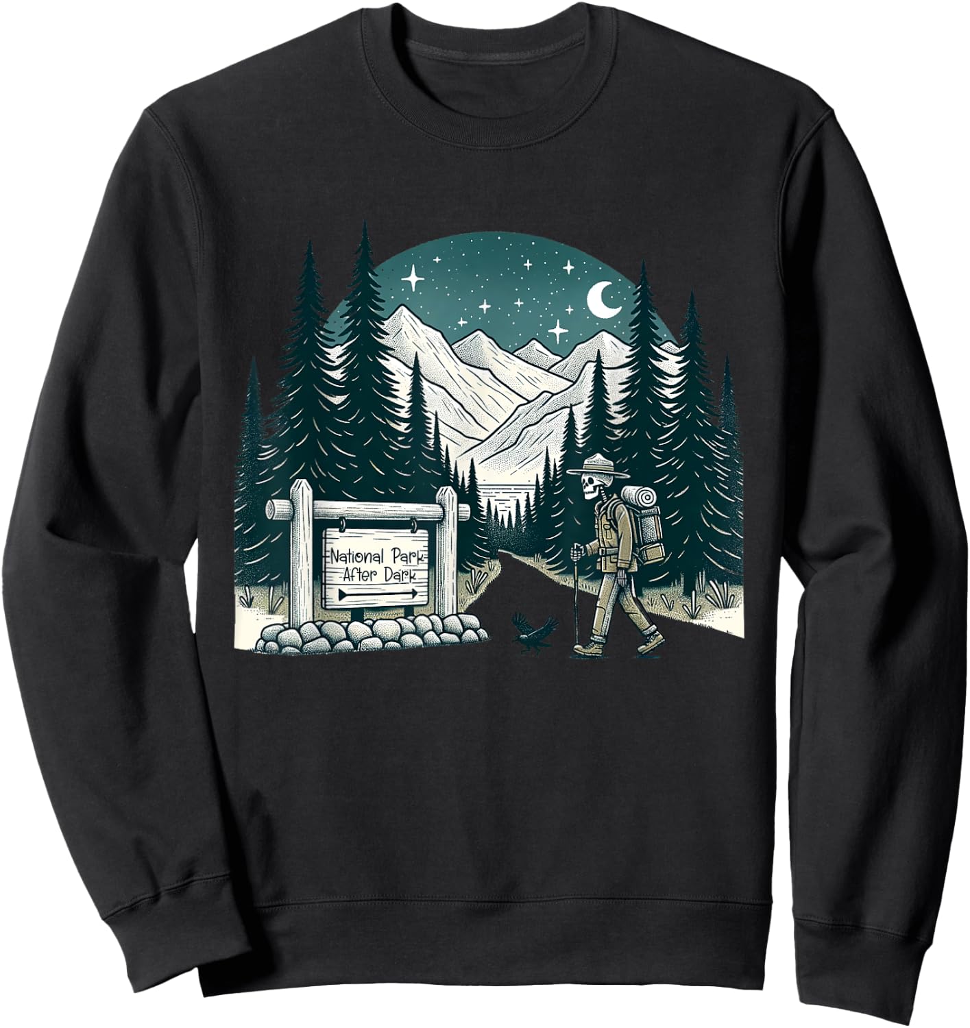 Vintage Retro National Park After Dark Skeleton Hiking Camping Outdoor , Small Sweatshirt - Sweatshirt | Black