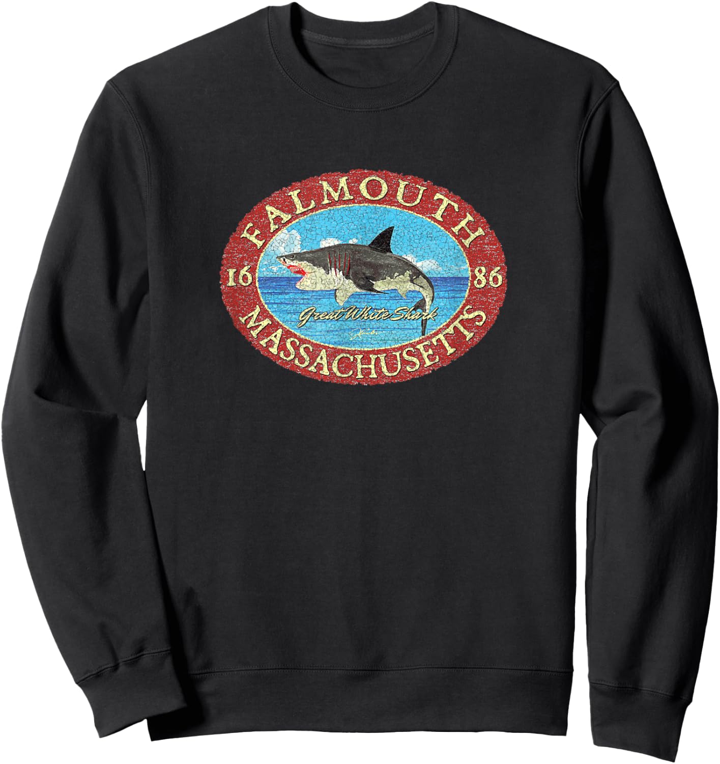 JCombs: Falmouth, MA, Great White Shark and Sea Sweatshirt - Sweatshirt | Black