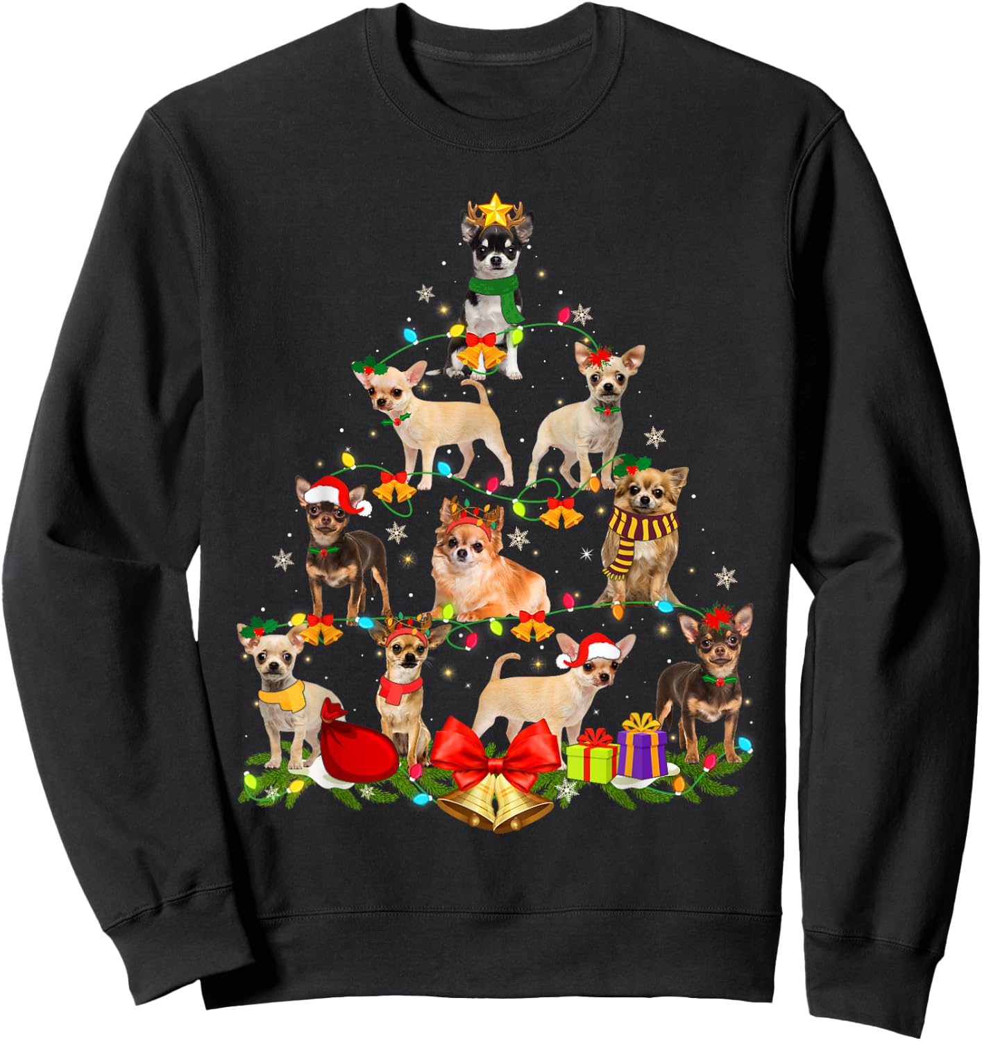 Dog Lover Chihuahua Tree Christmas Light Xmas Pajama Women Kids Sweatshirt - Sweatshirt | Black