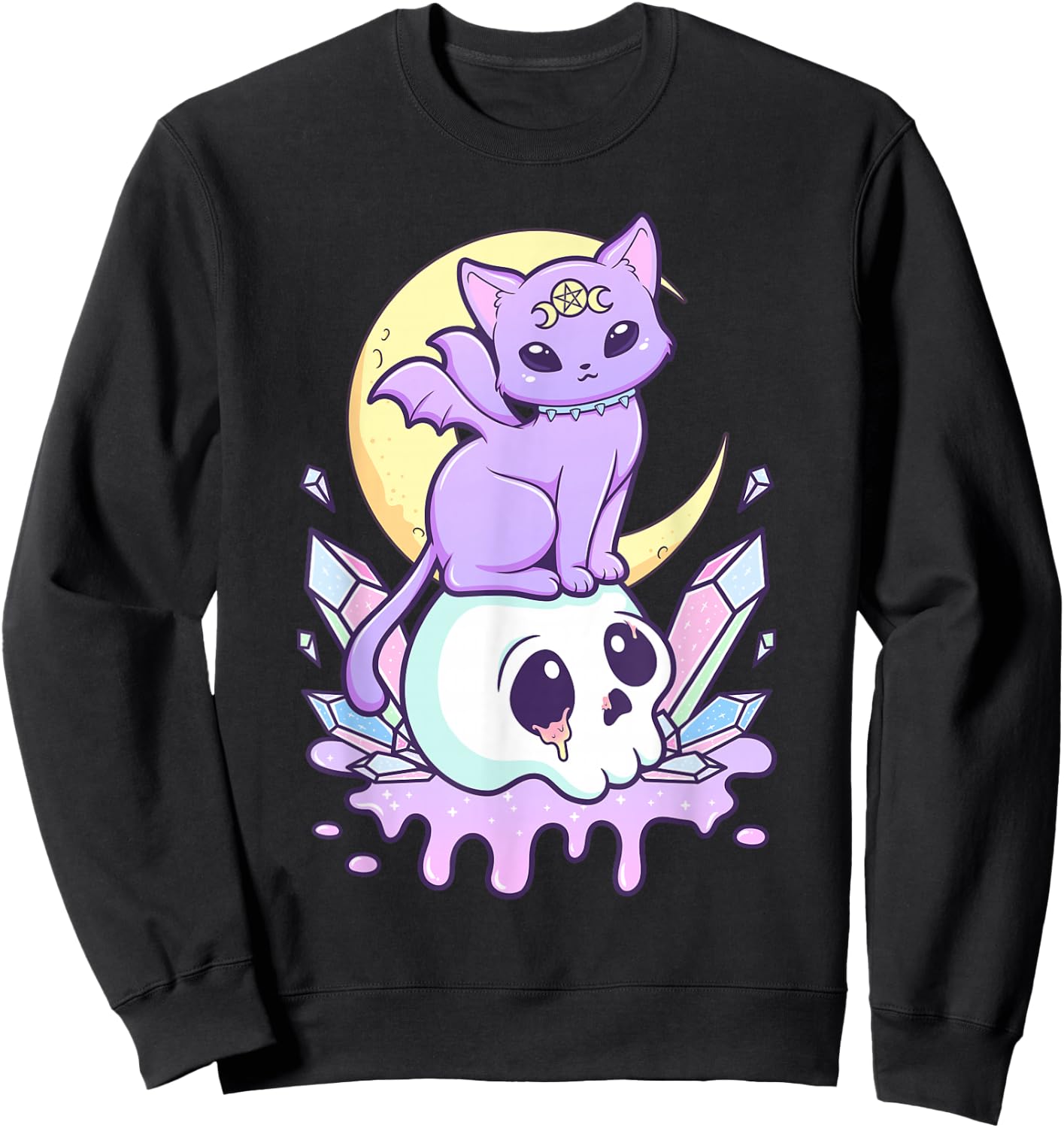 Kawaii Pastel Goth Cute Scary Witchy Cat and Skull Sweatshirt - Sweatshirt | Black