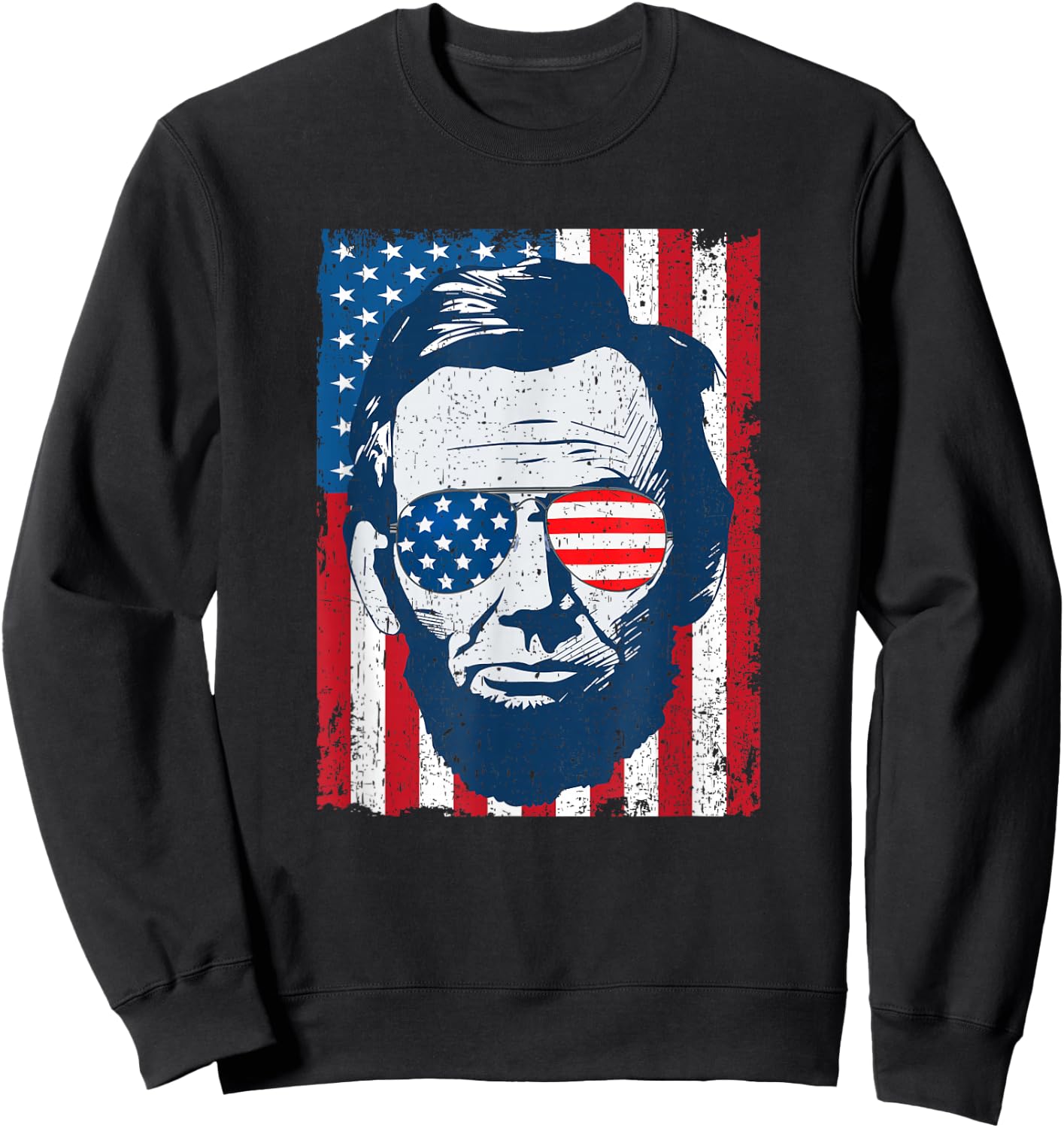 Abe Lincoln Beard Sunglasses & American Flag 4th of July Sweatshirt - Sweatshirt | Black