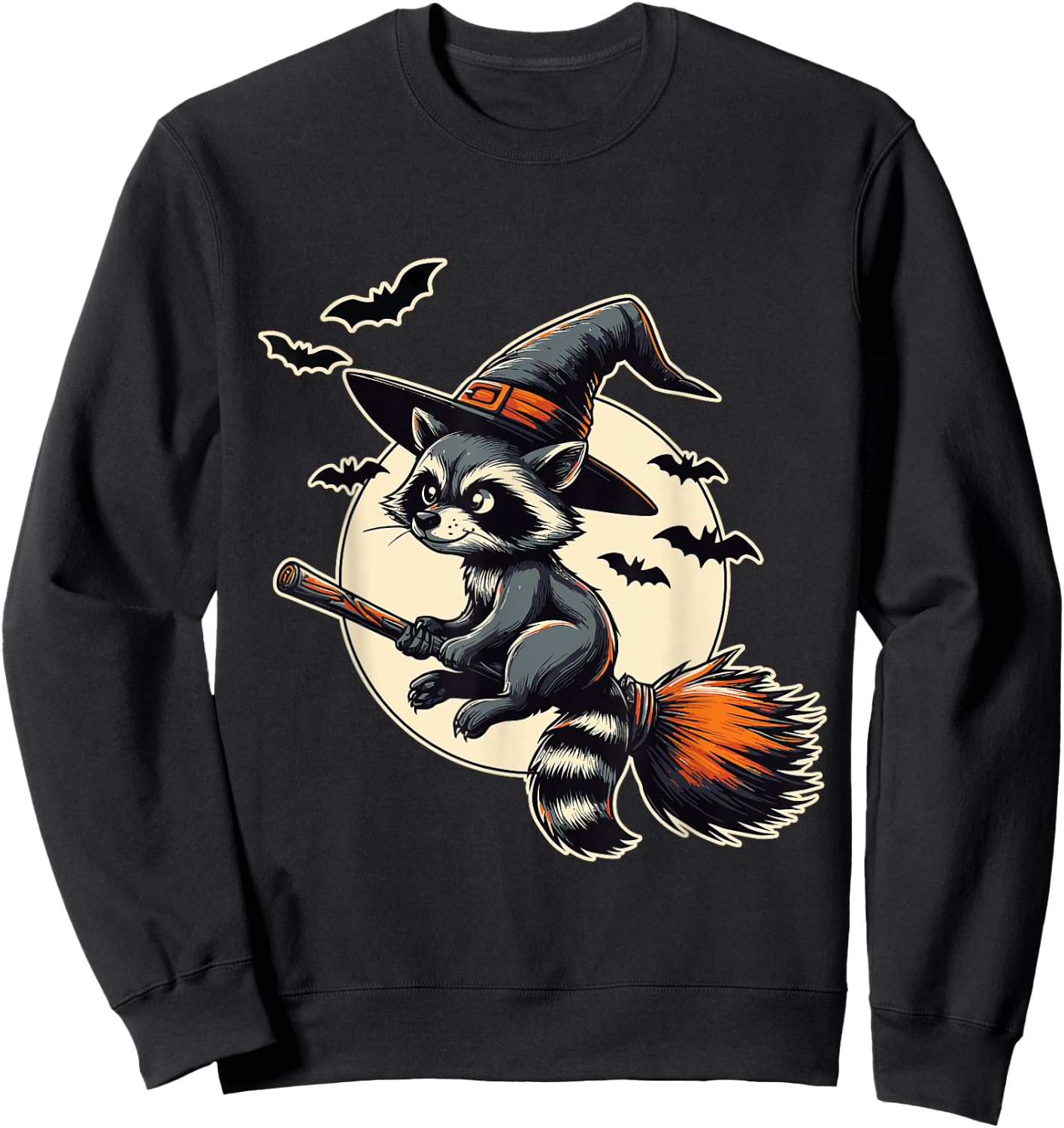 Raccoon Witch on Broom Halloween Sweatshirt - Sweatshirt | Black