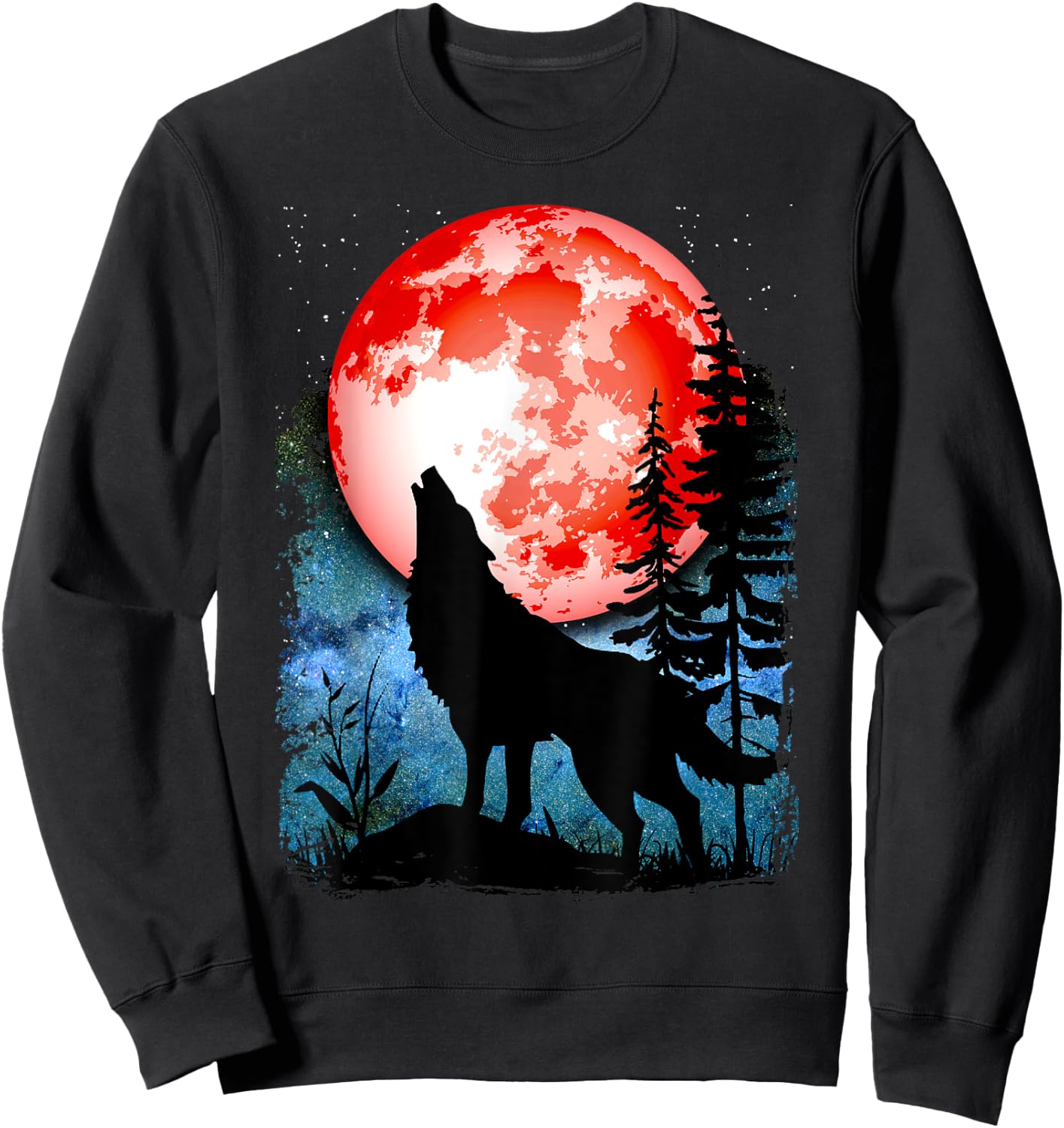 Wolf Howls Red Blood Moon Galaxy Star Night Sweatshirt - Sweatshirt | Black