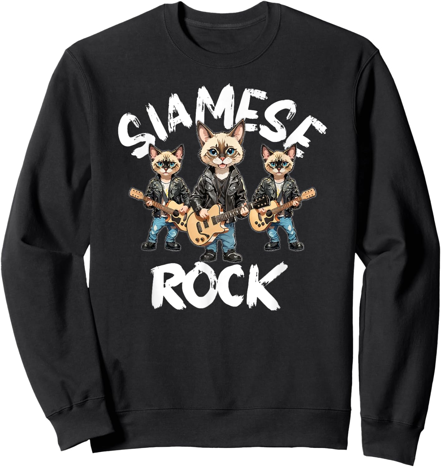 Siamese Cats Rock Cute Cool Furry Cat Trio Playing Guitar Men Women Kids Sweatshirt - Sweatshirt | Black