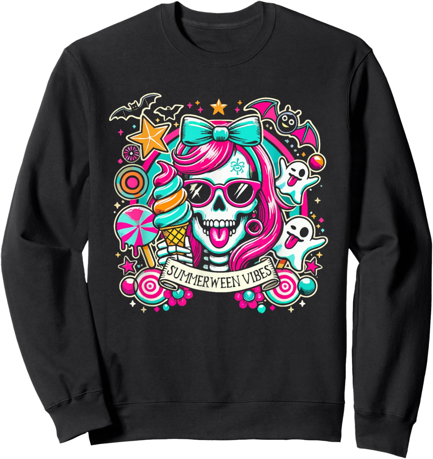 Summerween Vibes Skeleton Spooky Vacation Halloween Summer Women Kids Sweatshirt - Sweatshirt | Black